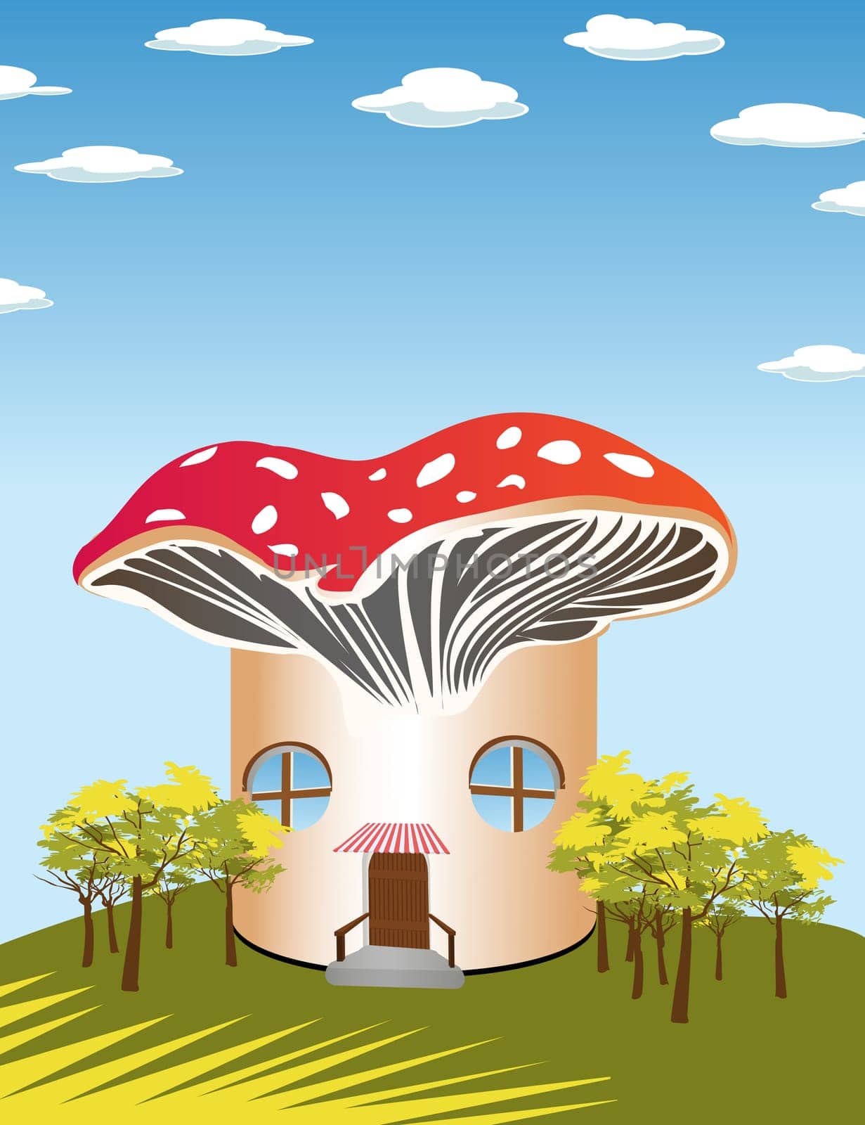 Fantasy cartoon background with a mushroom shape house