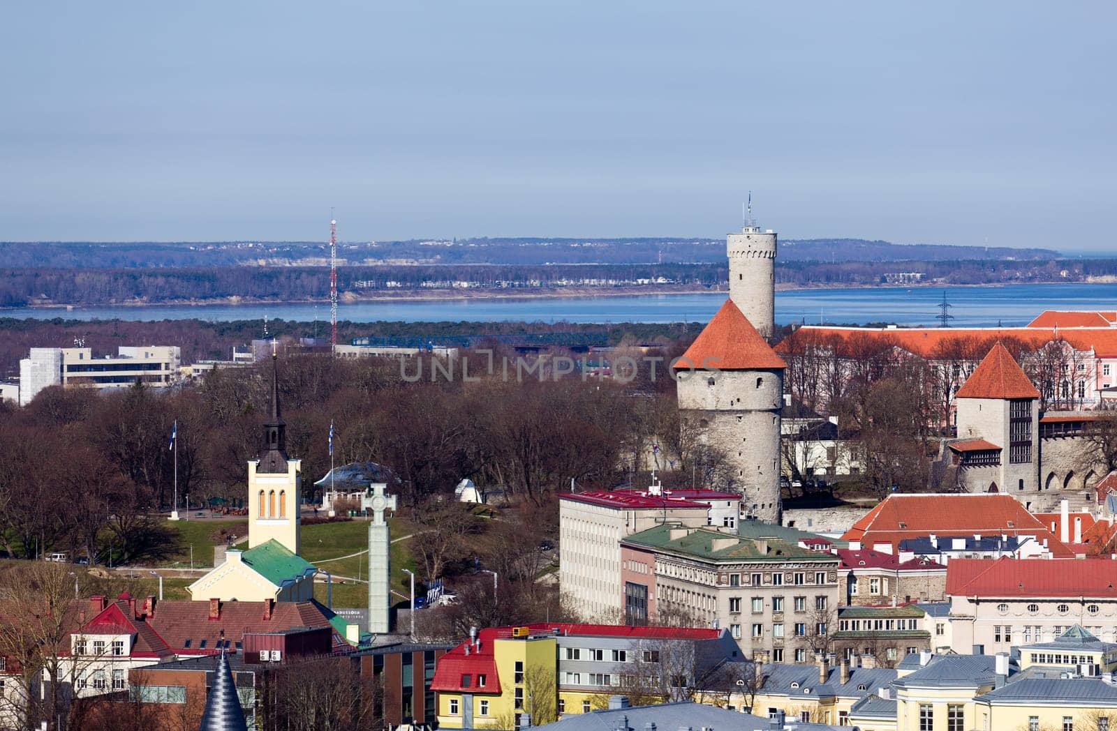 Capital of Estonia, Tallinn is famous for its World Heritage old town walls and cobbled streets. This view shows the Freedom glass cross