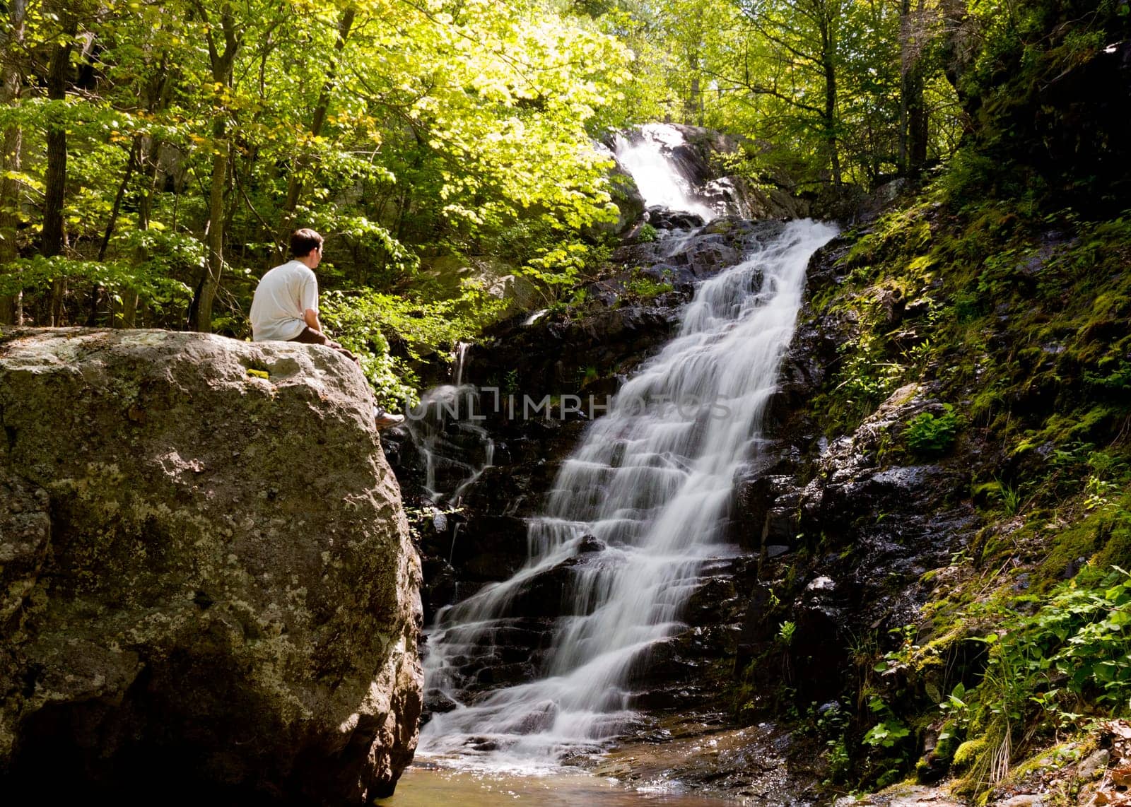 Overall Run waterfall is the highest waterfall in Virginia if its sections are taken into account. Hiker overlooking the falls