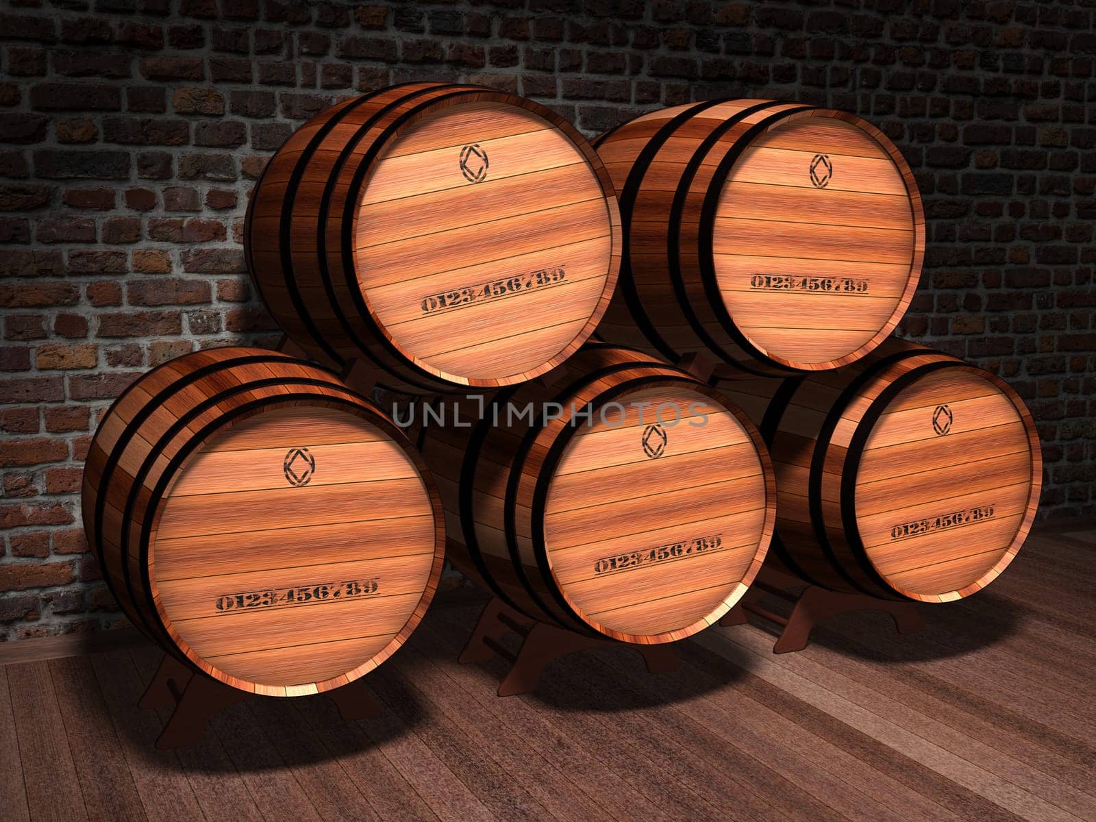 Illustration of wooden barrels in an old cellar