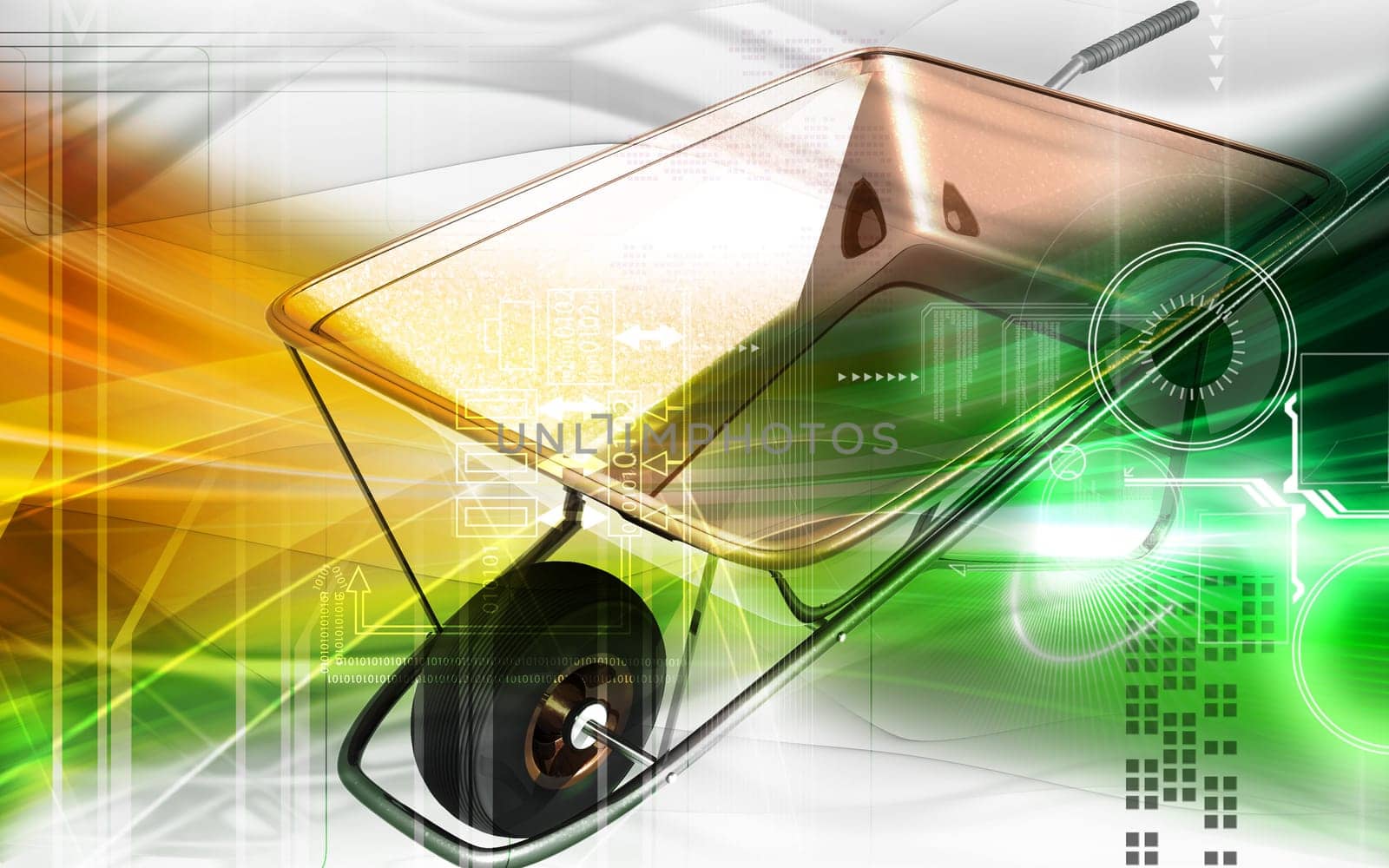 Digital illustration of metal tray wheel barrow in colour background