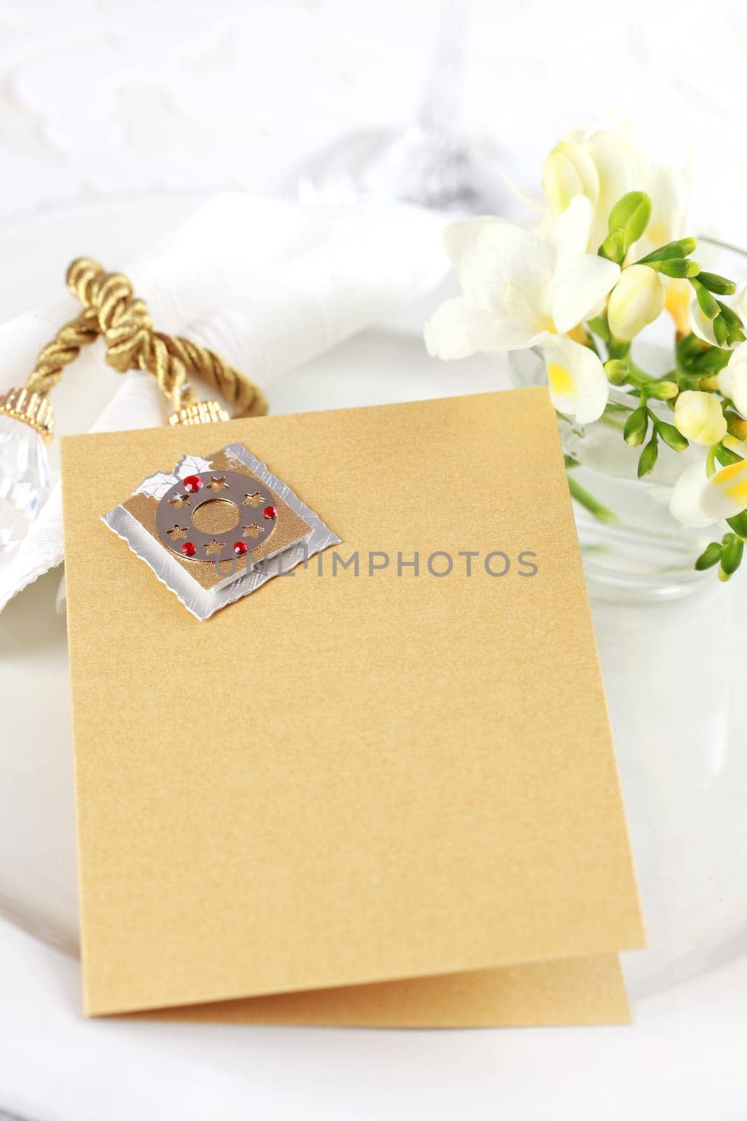 Invitation card for wedding dinner or menu with copy space for text in silver and gold