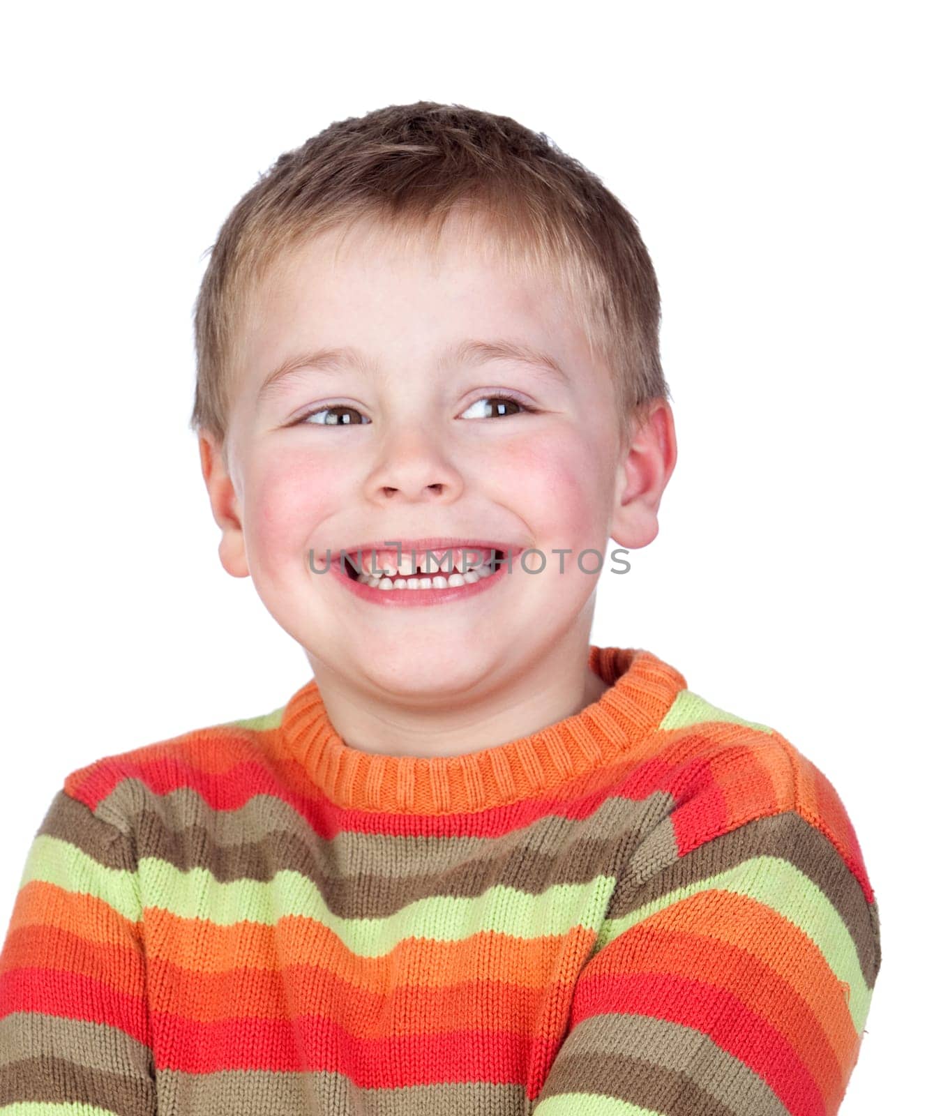 Adorable child with blond hair isolated on white background