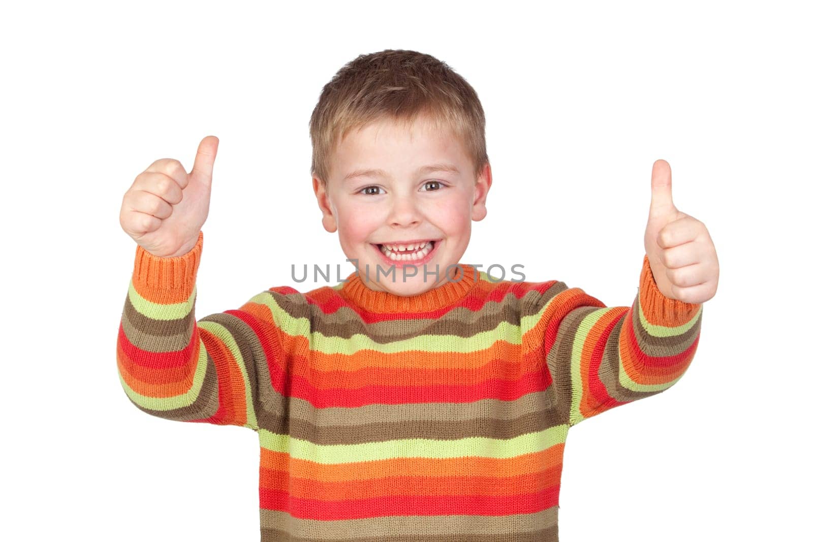 Adorable child with thumbs up isolated on white background