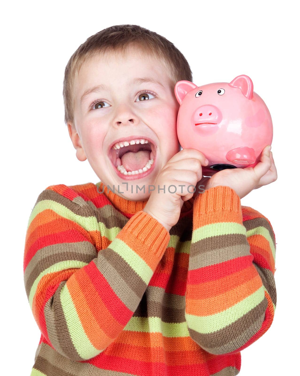 Adorable child with his piggy-bank isolated on white background