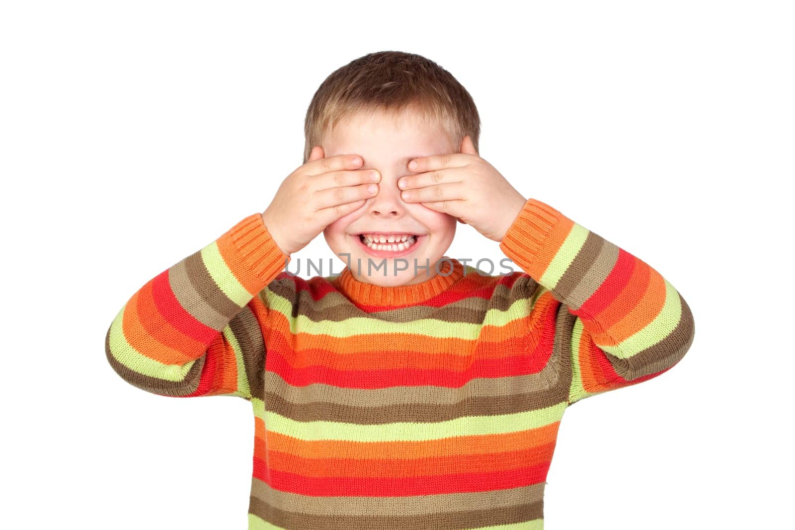 Funny child covering his eyes isolated on a white background