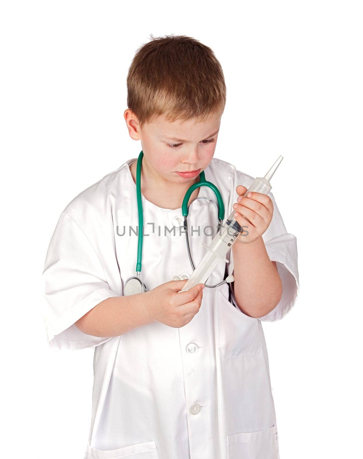 Adorable child with doctor uniform isolated on white