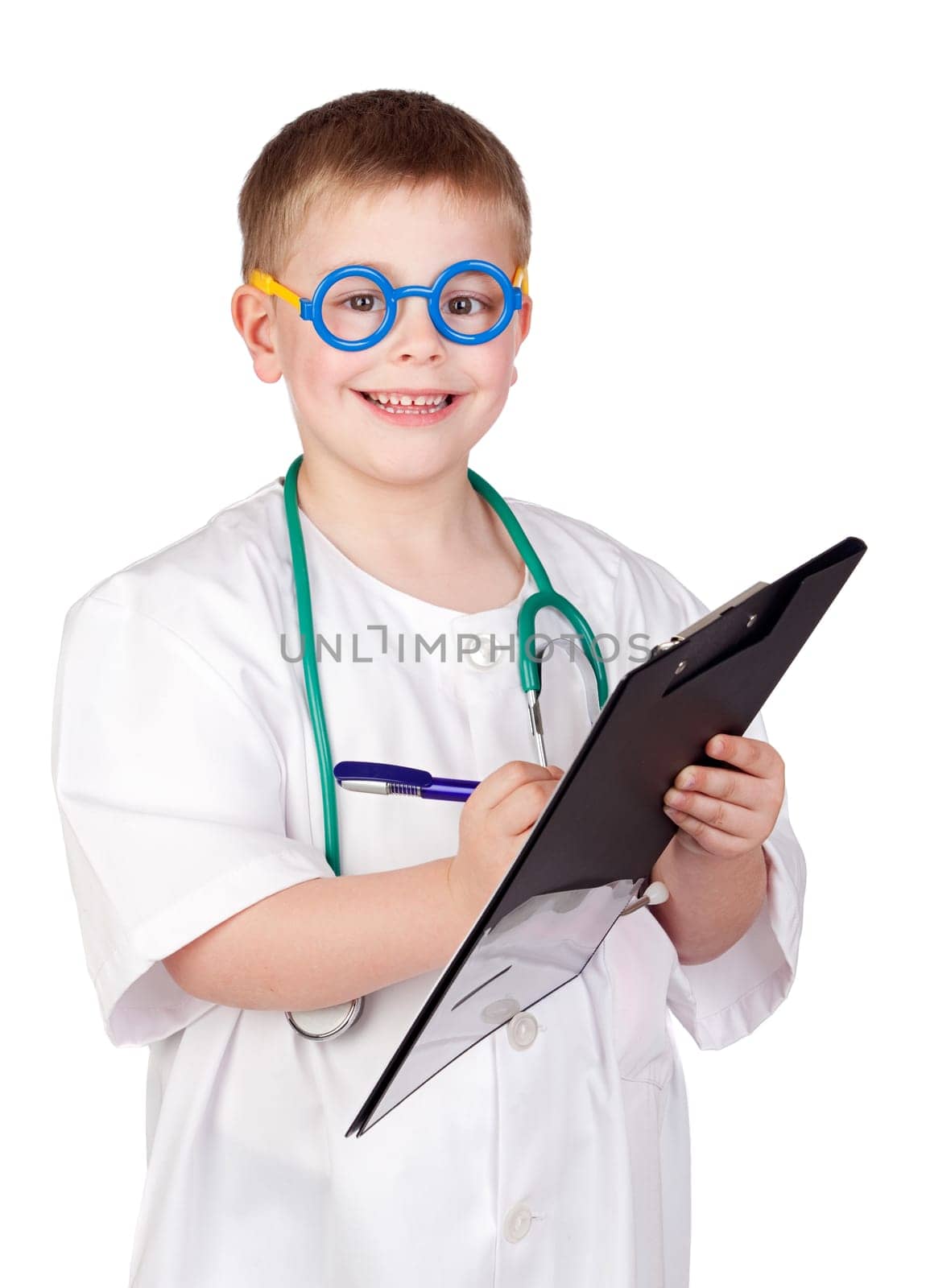 Funny child with doctor uniform isolated on white