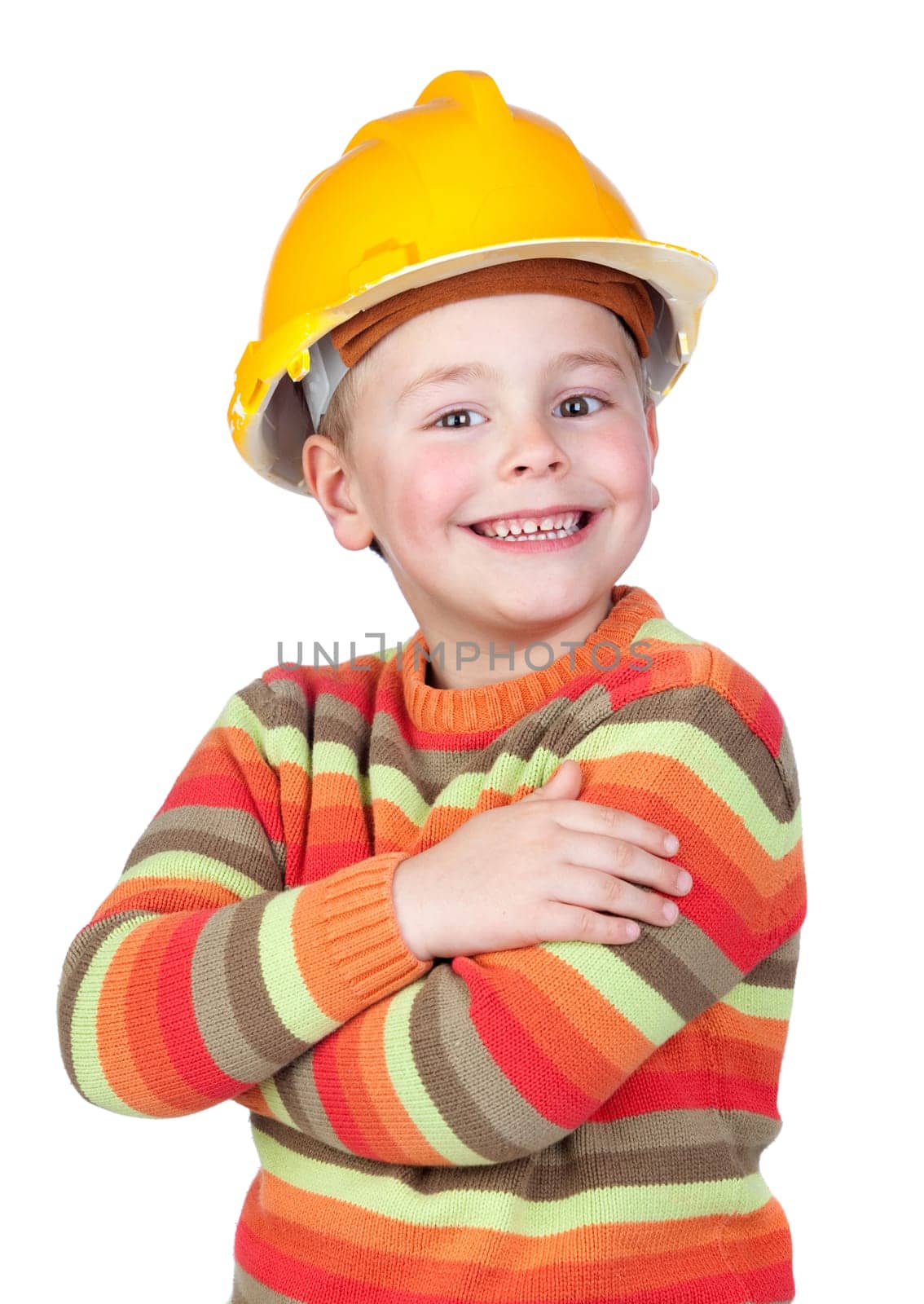 Little construction worker isolated on white background