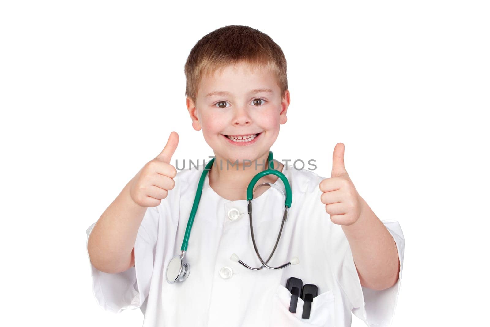 Adorable child with doctor uniform saying Ok isolated on white