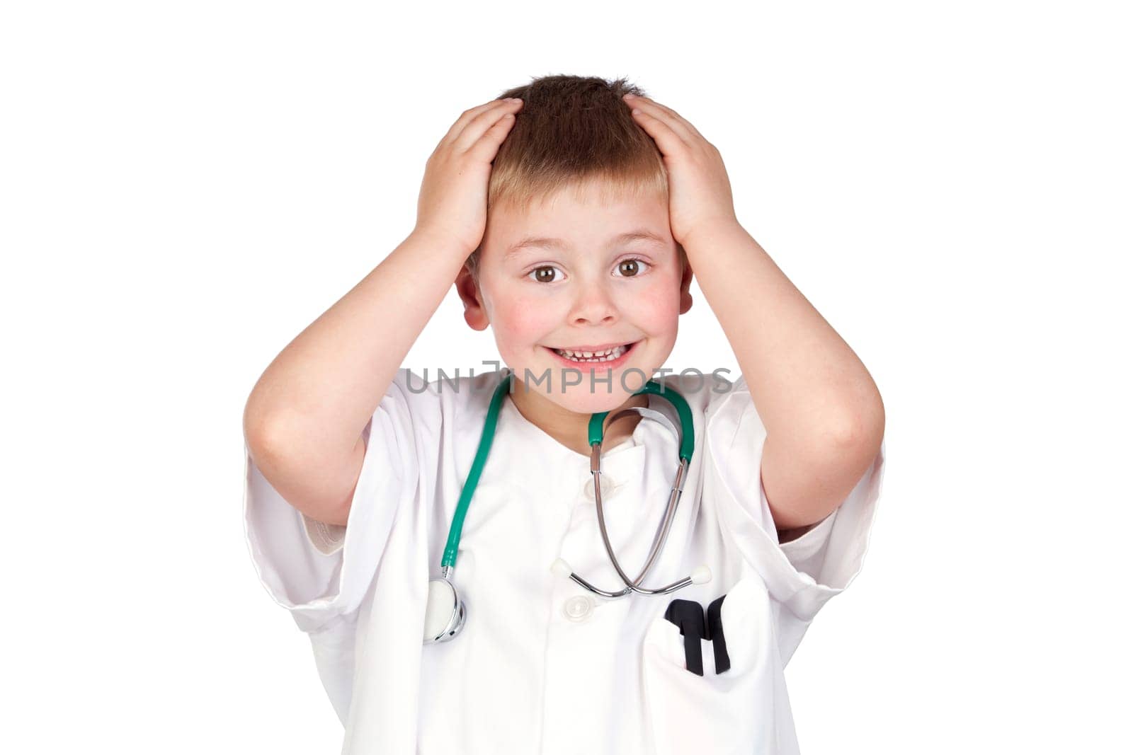 Surprised child with doctor uniform isolated on white