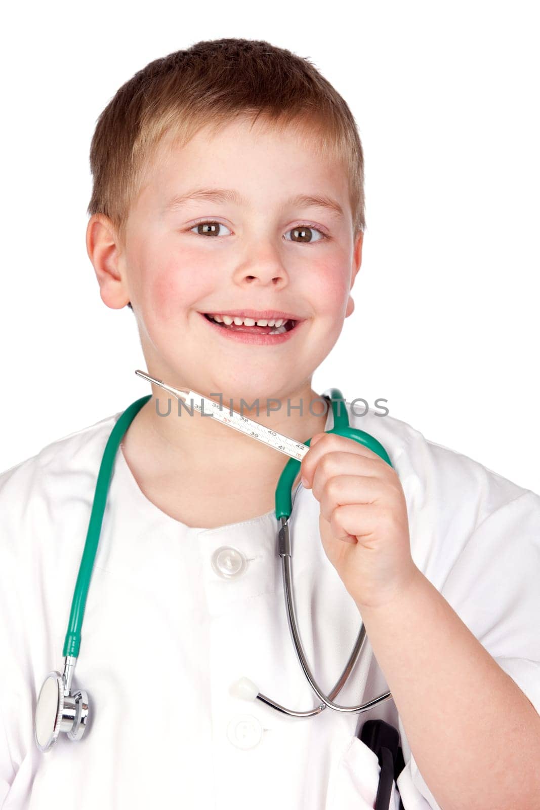 Adorable child with doctor uniform isolated on white