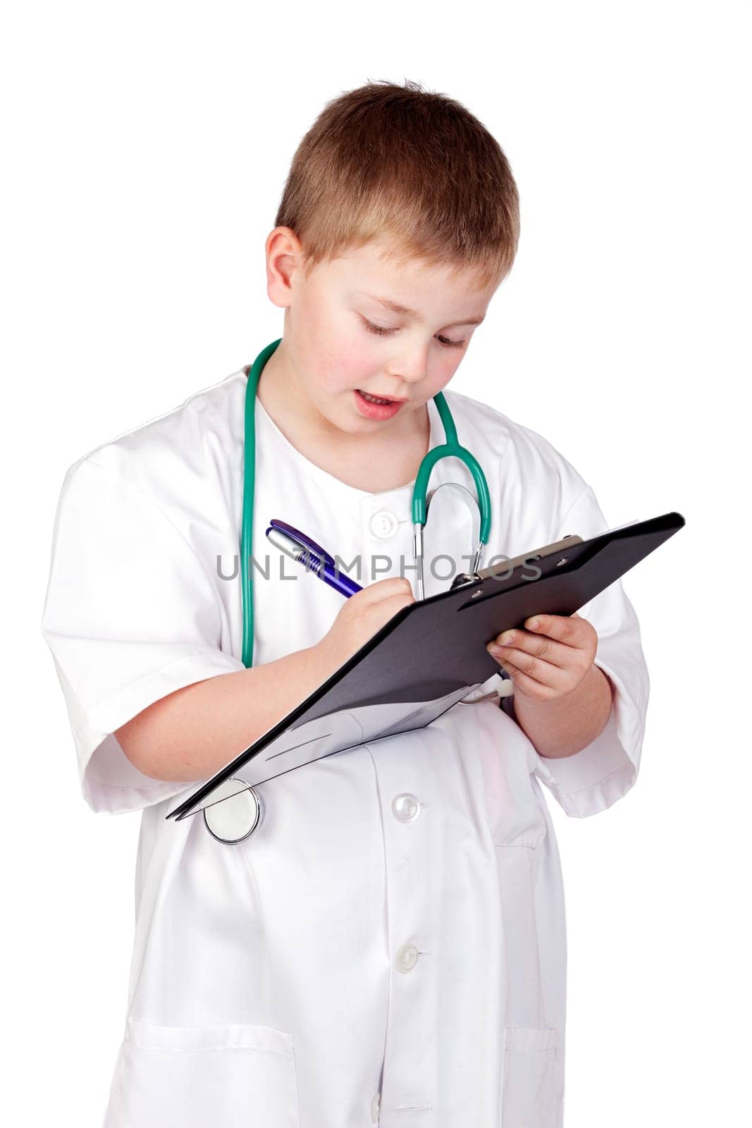 Funny child with doctor uniform isolated on white