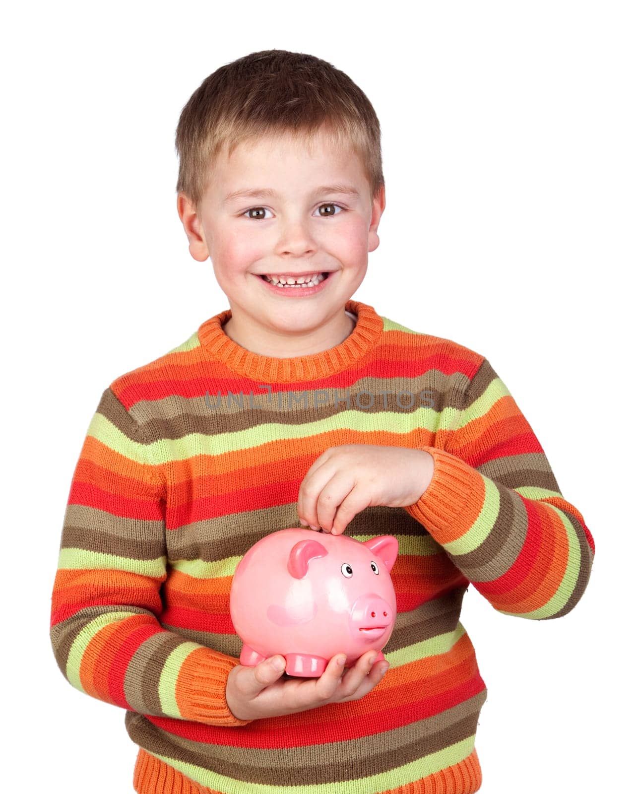 Adorable child with his piggy-bank isolated on white background