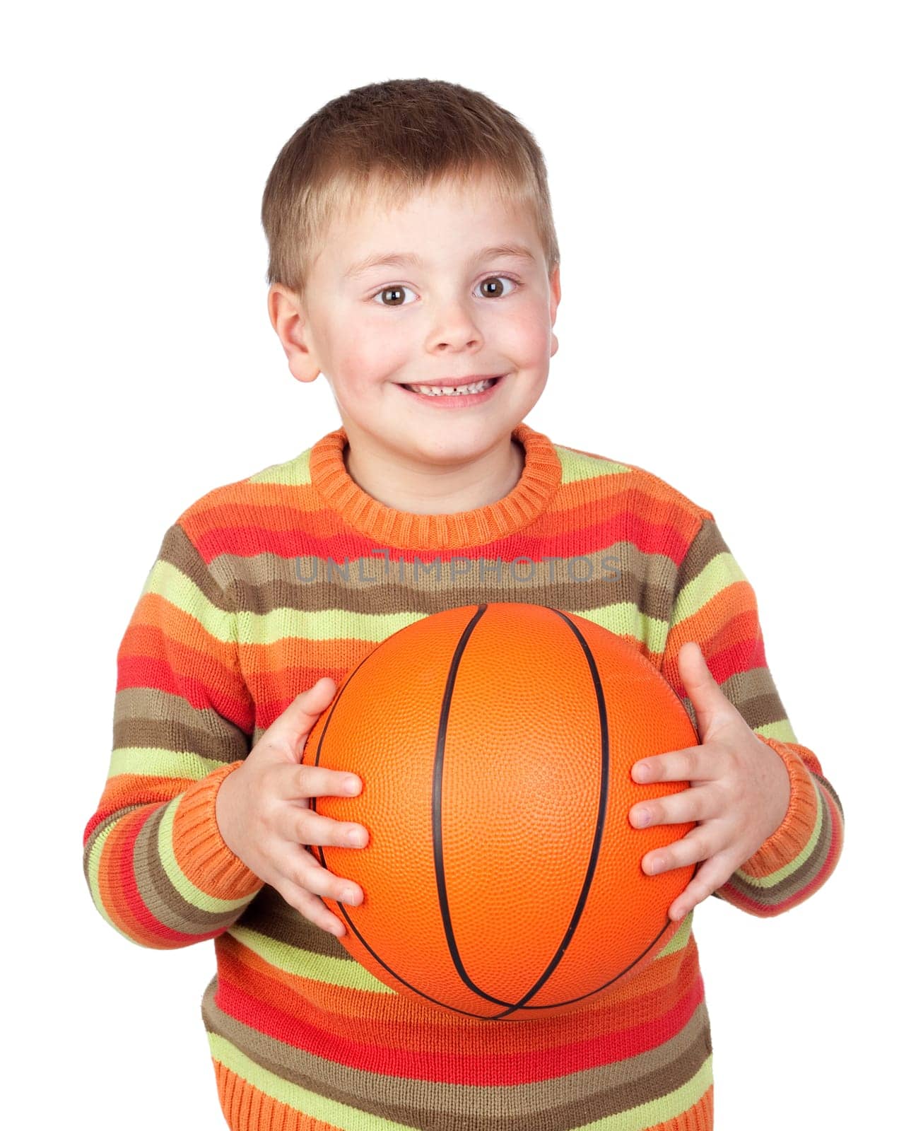 Funny child with a basketball isolated on white background