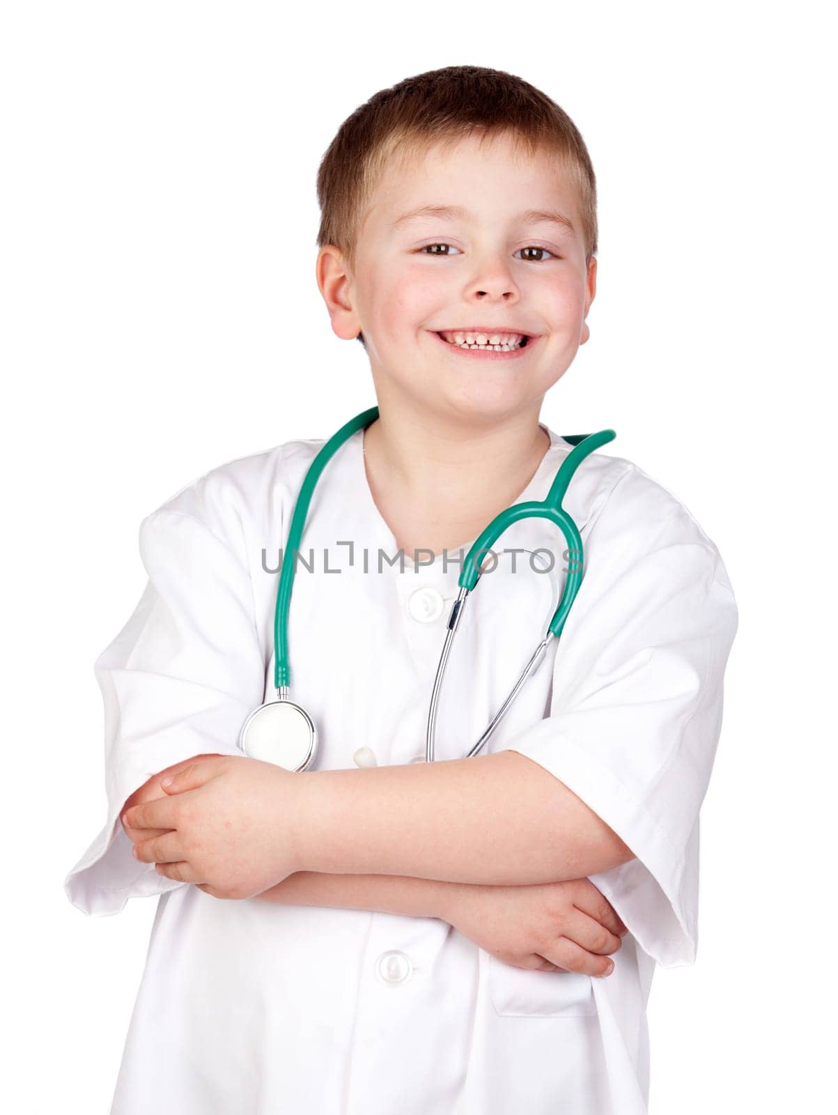 Adorable child with doctor uniform isolated on white
