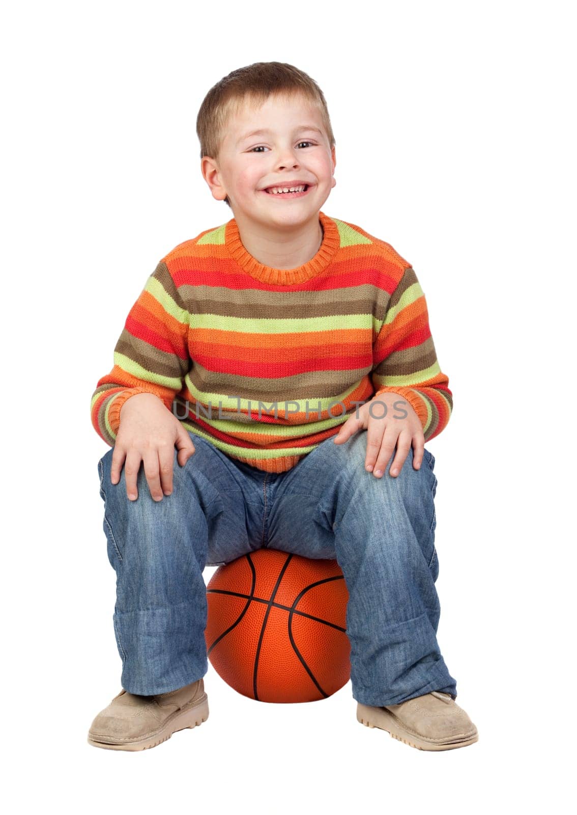 Funny child with a basketball isolated on white background