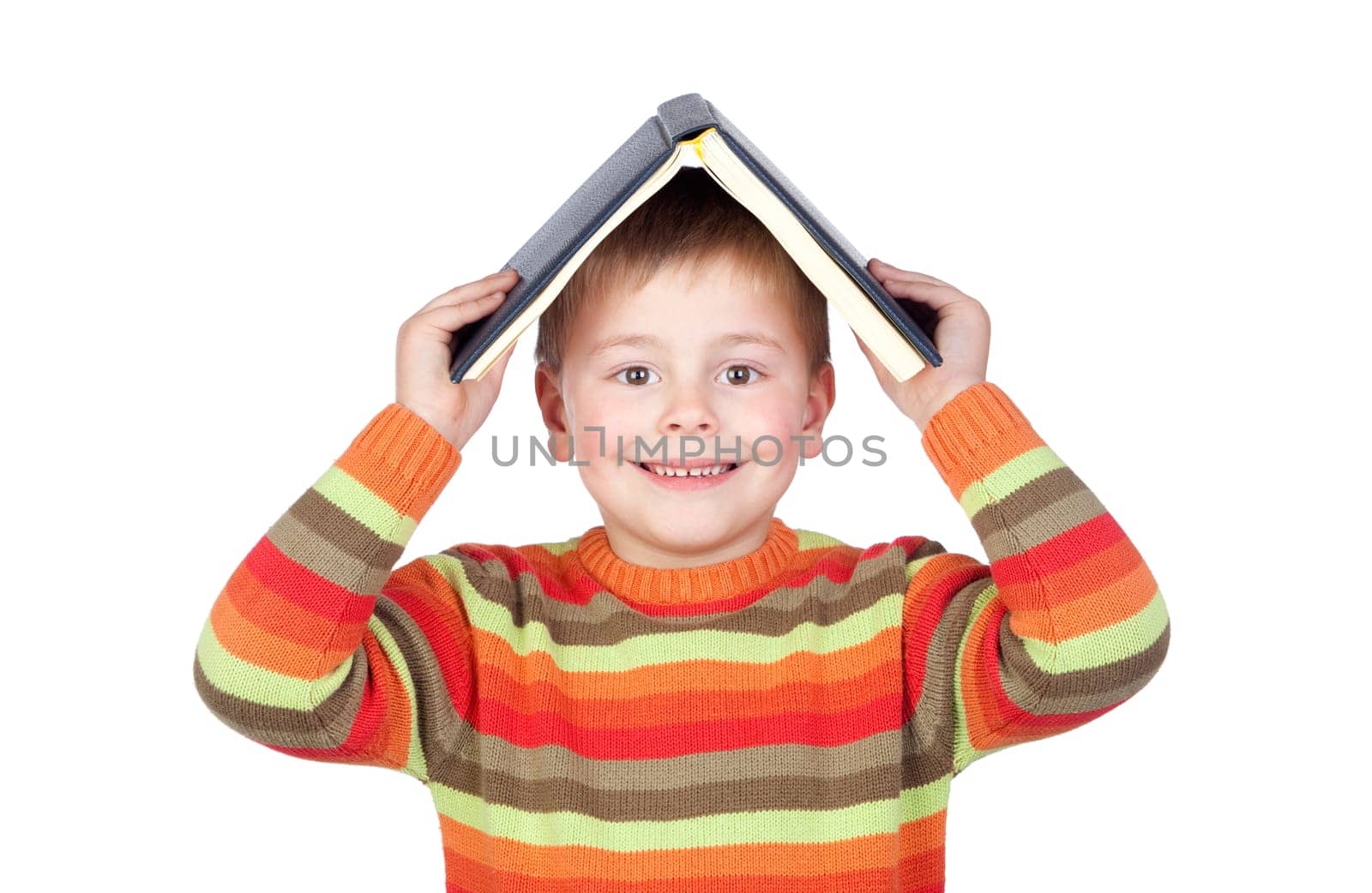 Student child with a books on the head isolated on white background