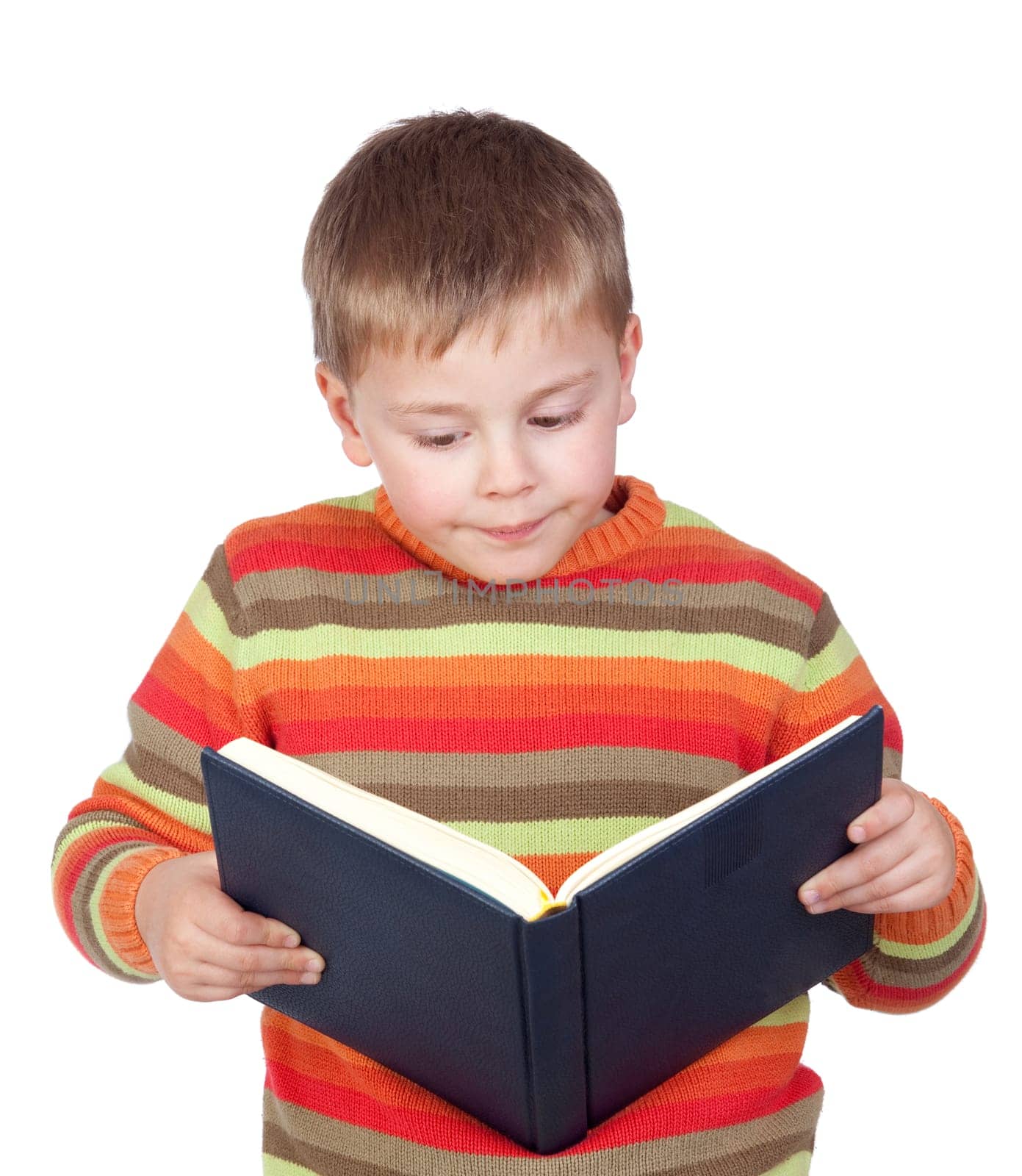 Student child with a book isolated on white background