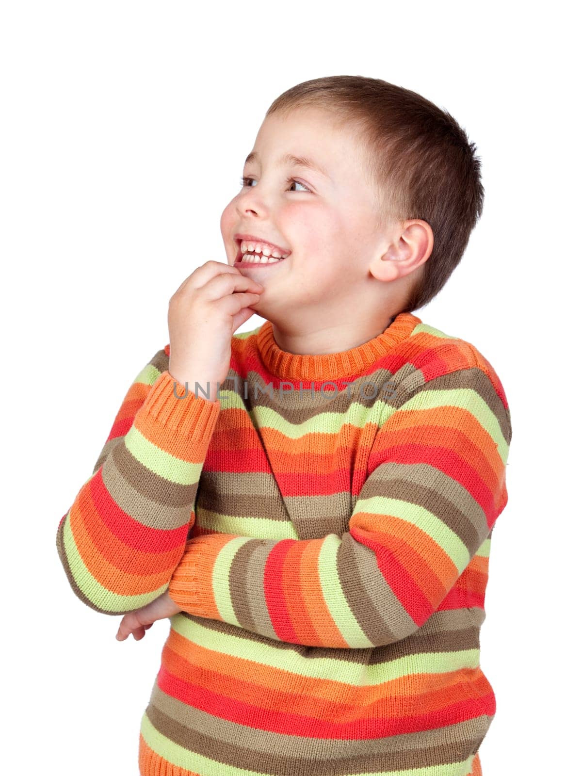Pensive child with blond hair isolated on white background
