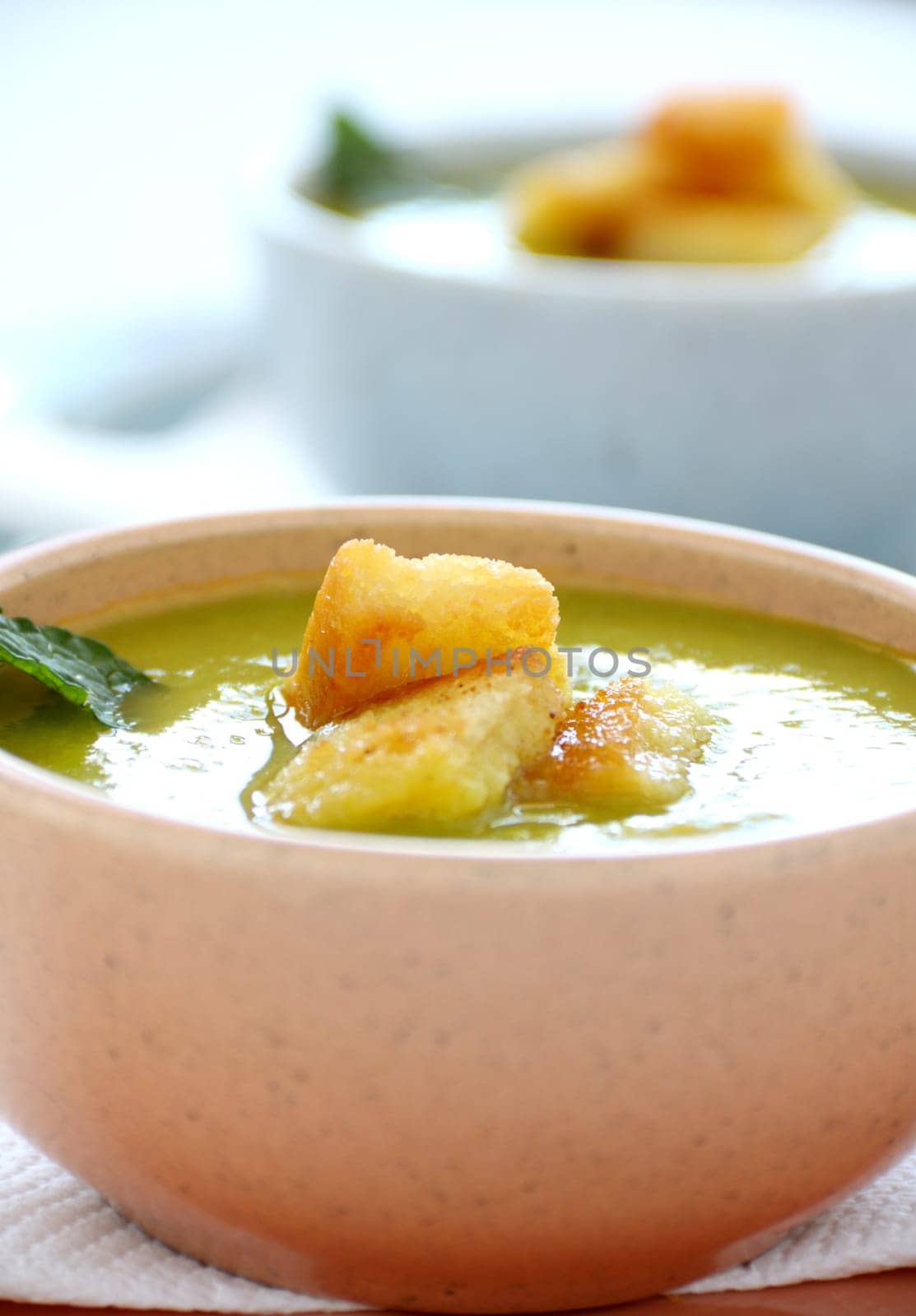 Delicious pea soup with fresh mint ready to serve.