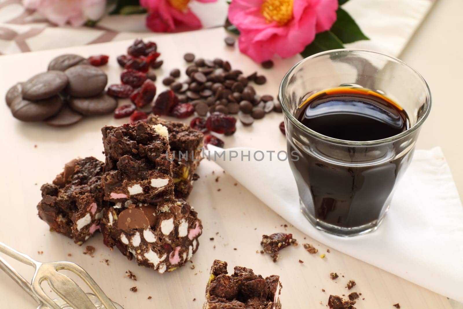 Sweet rocky road chocolate and marshmallow with a long black espresso.