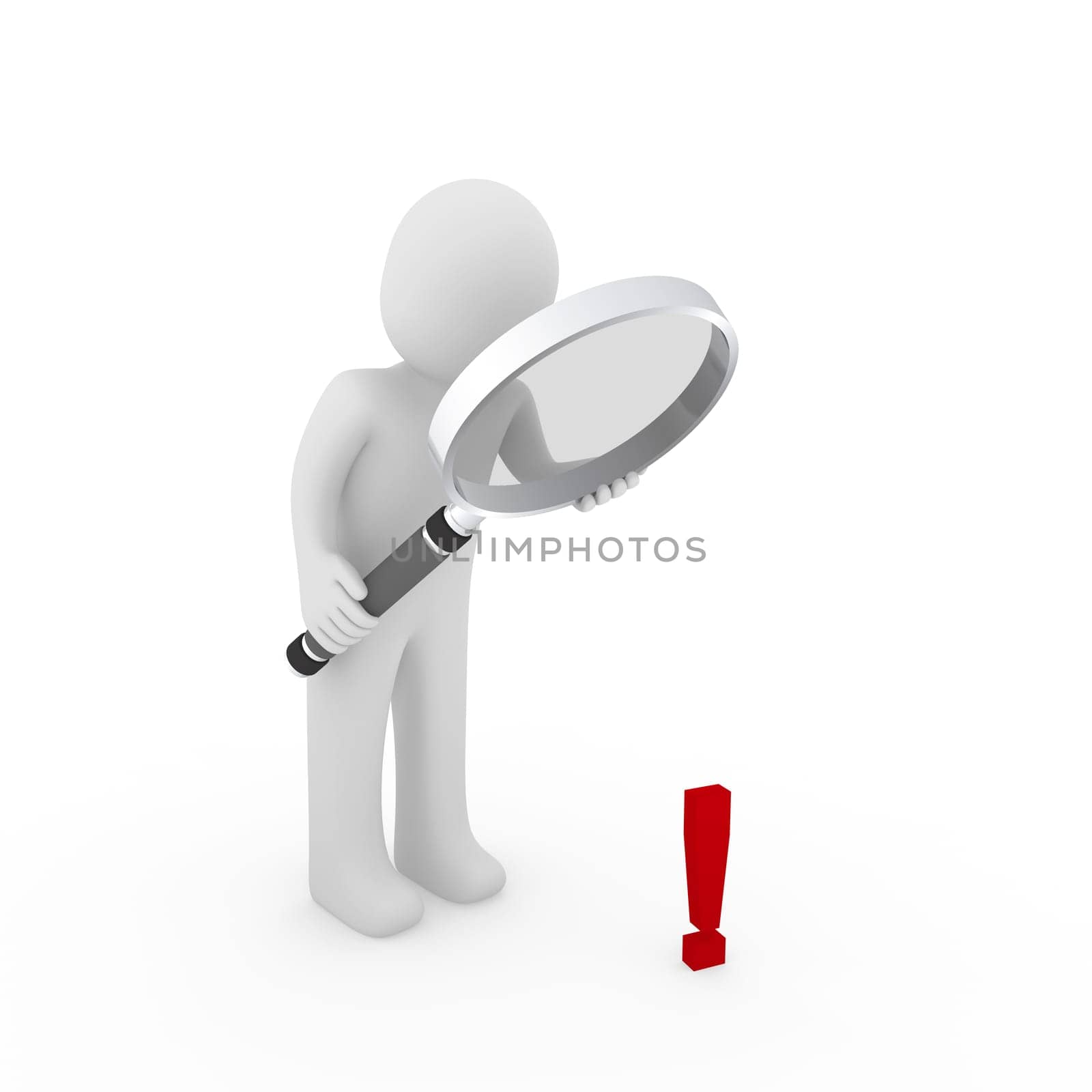 3d man human loupe glass exclamation mark red