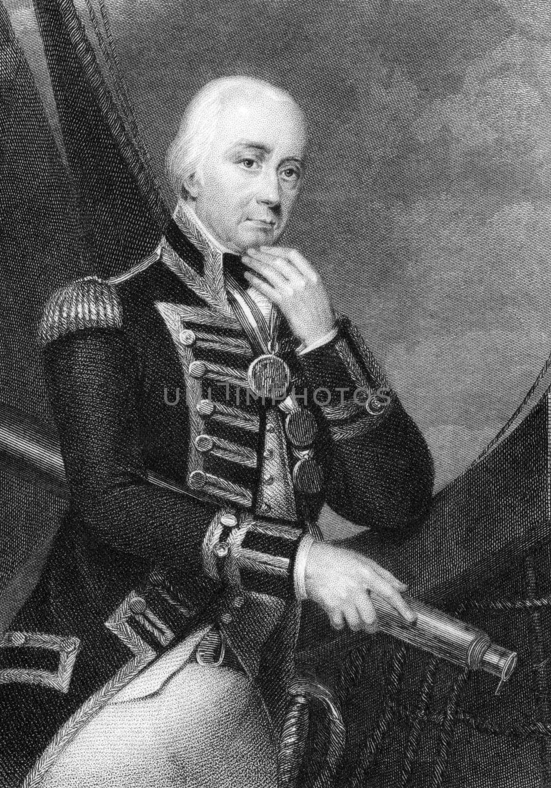 Vice Admiral Cuthbert Collingwood, 1st Baron Collingwood (1748-1810) on engraving from 1832. Admiral of the Royal Navy, notable as a partner with Lord Nelson in several of the British victories of the Napoleonic Wars. Engraved by W.Finden after a painting