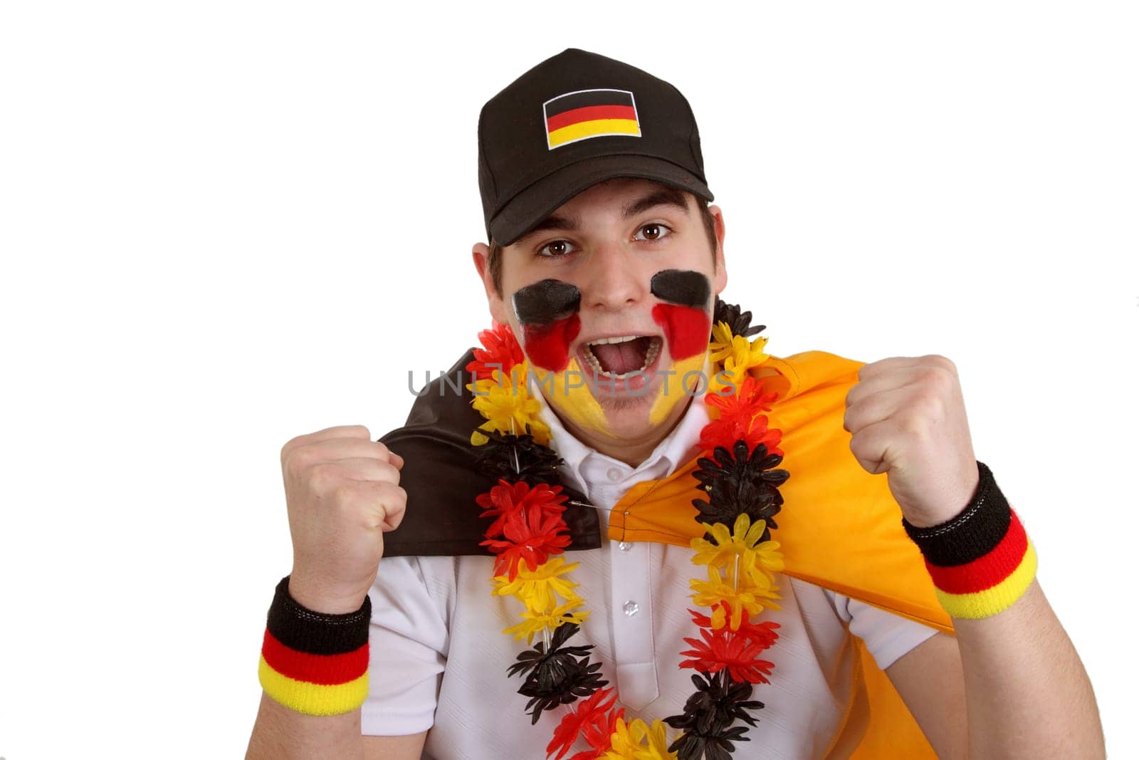 Young male football fan on white background