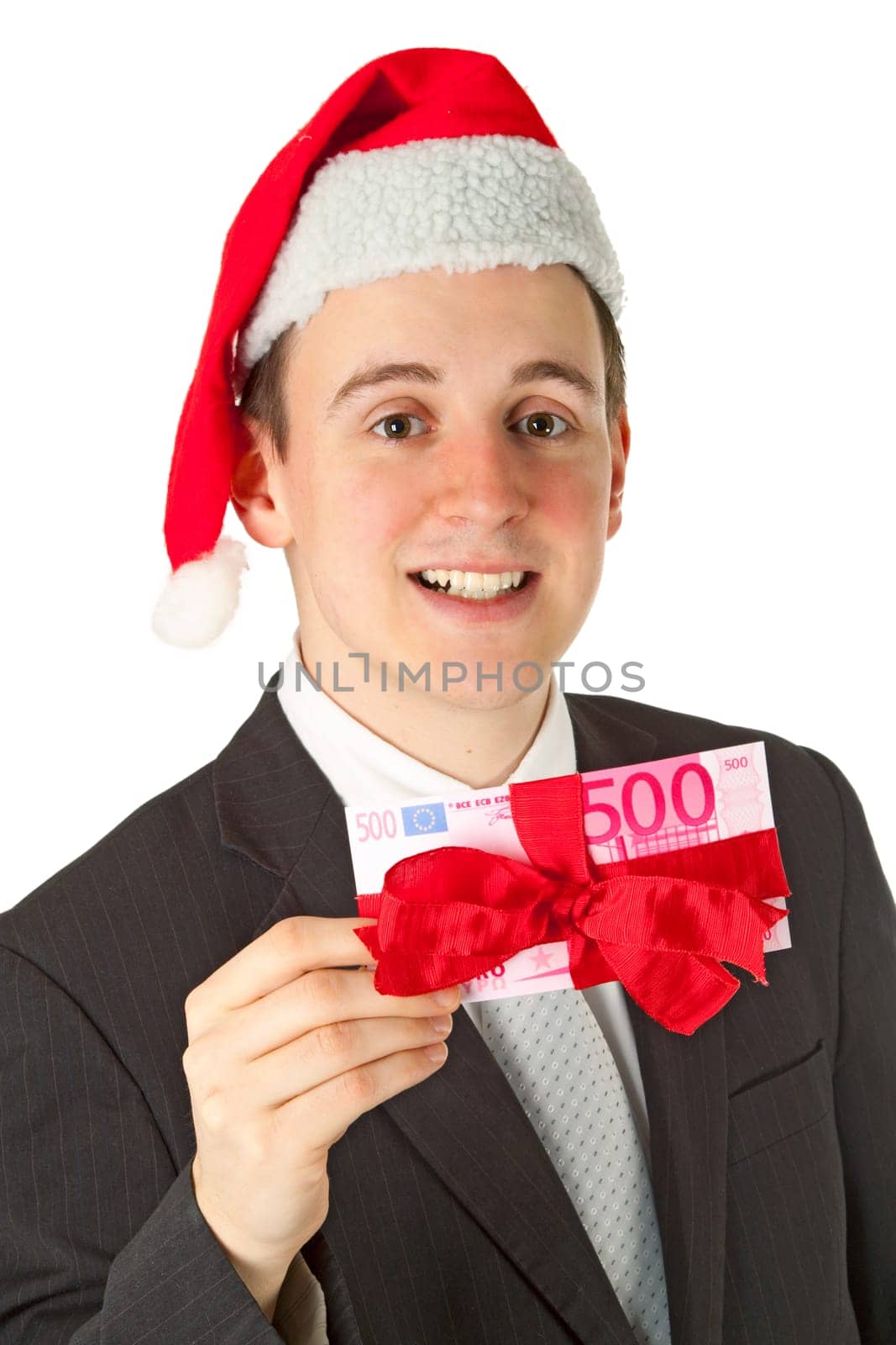 Businessman with money gift isolated on white background
