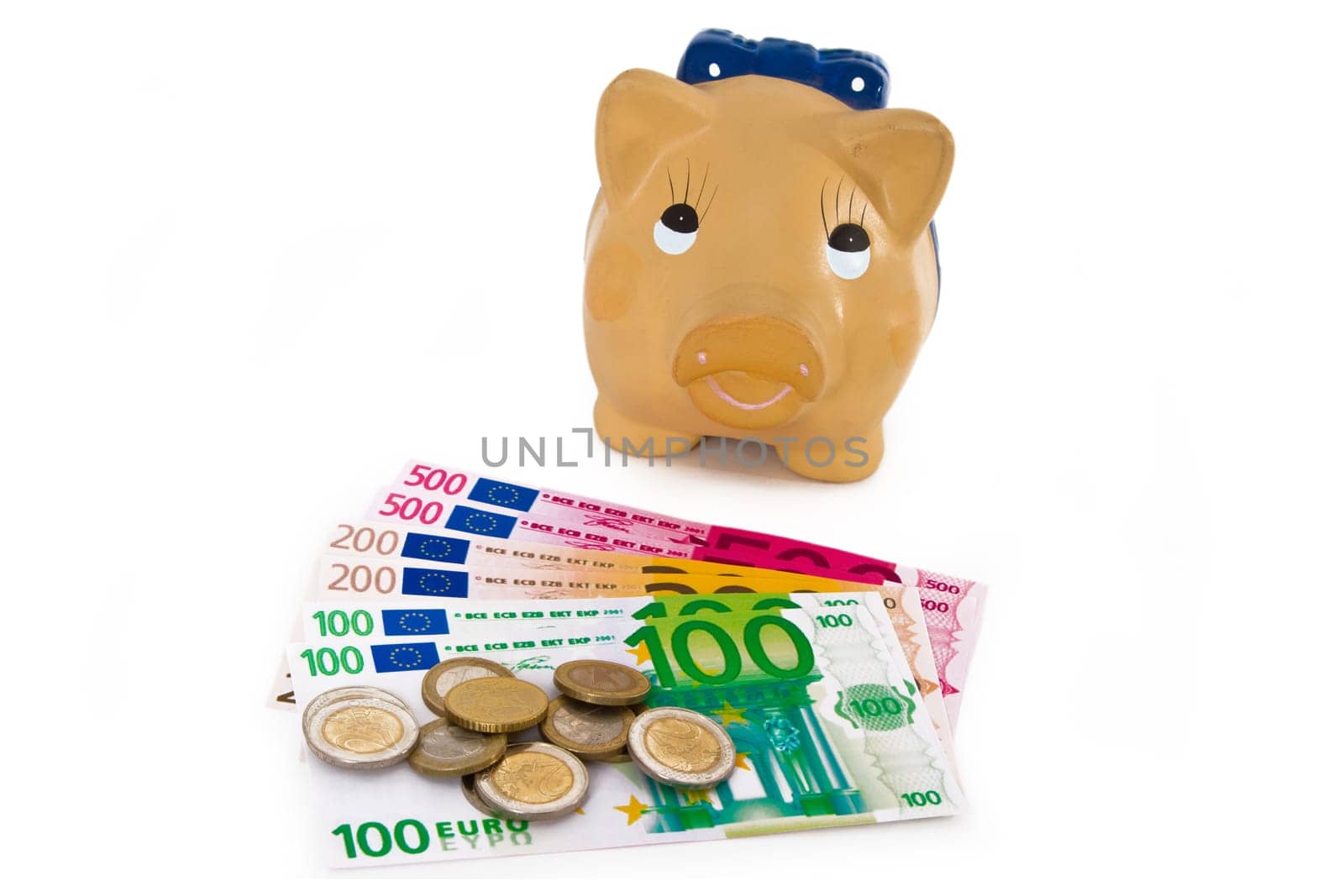 Piggy bank with euro banknotes on light background