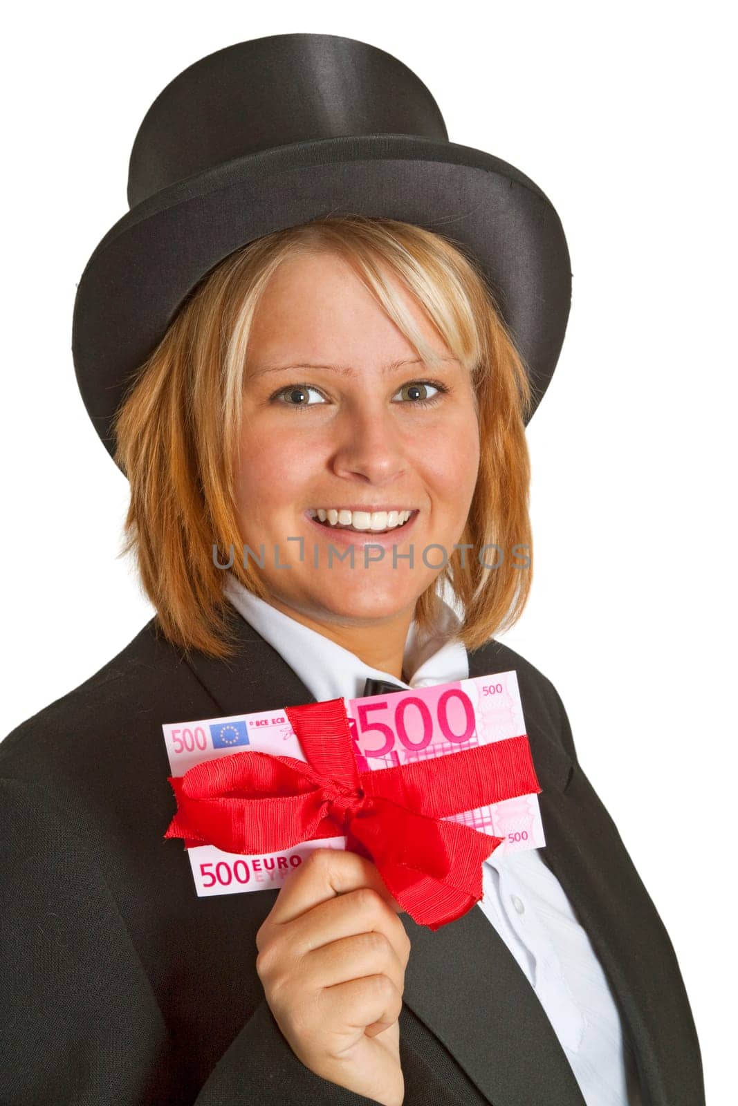 Young attractive woman with chapeau claque on white background