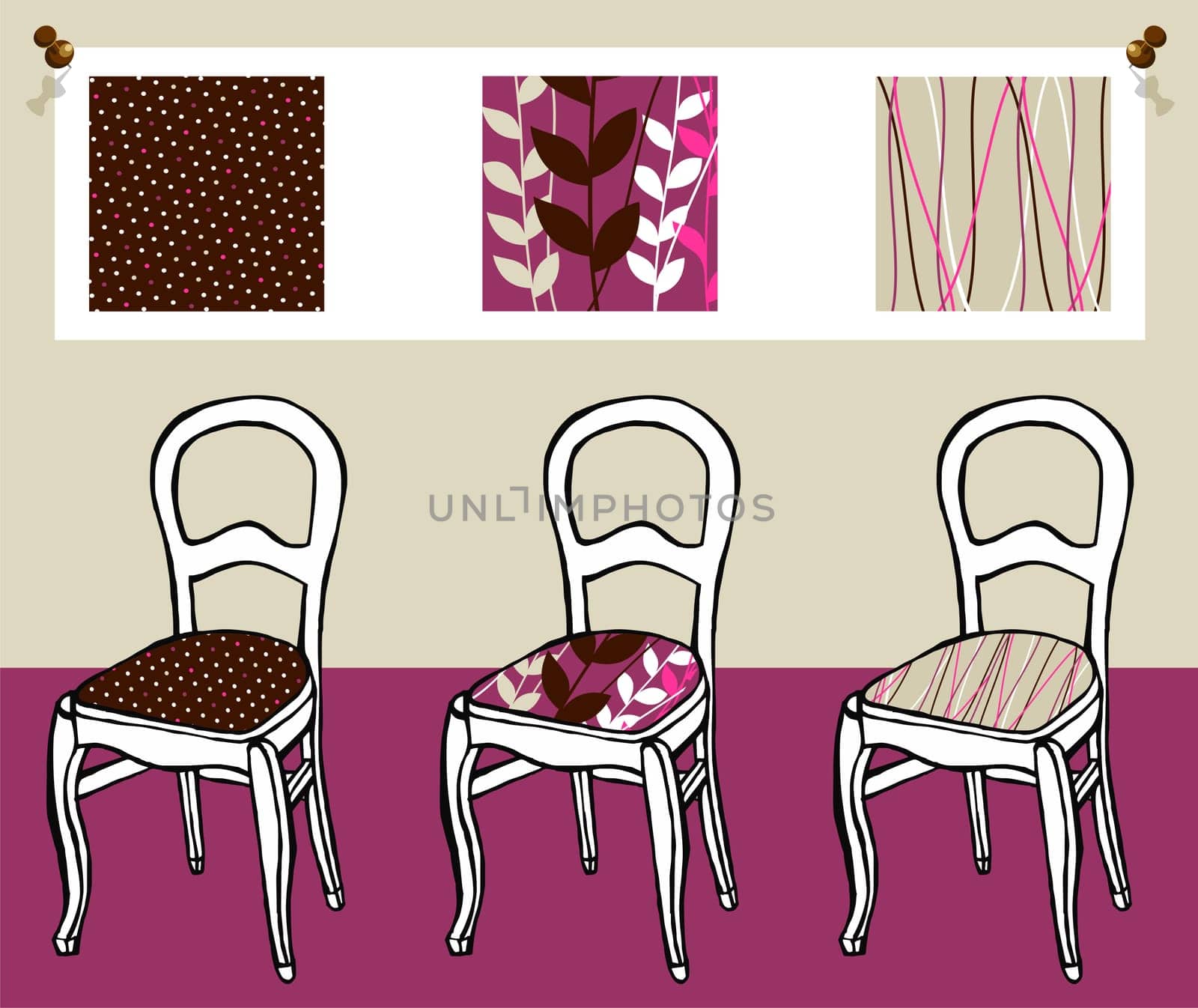 Three different upholstered chairs with respective hanging tapestry patterns in the background