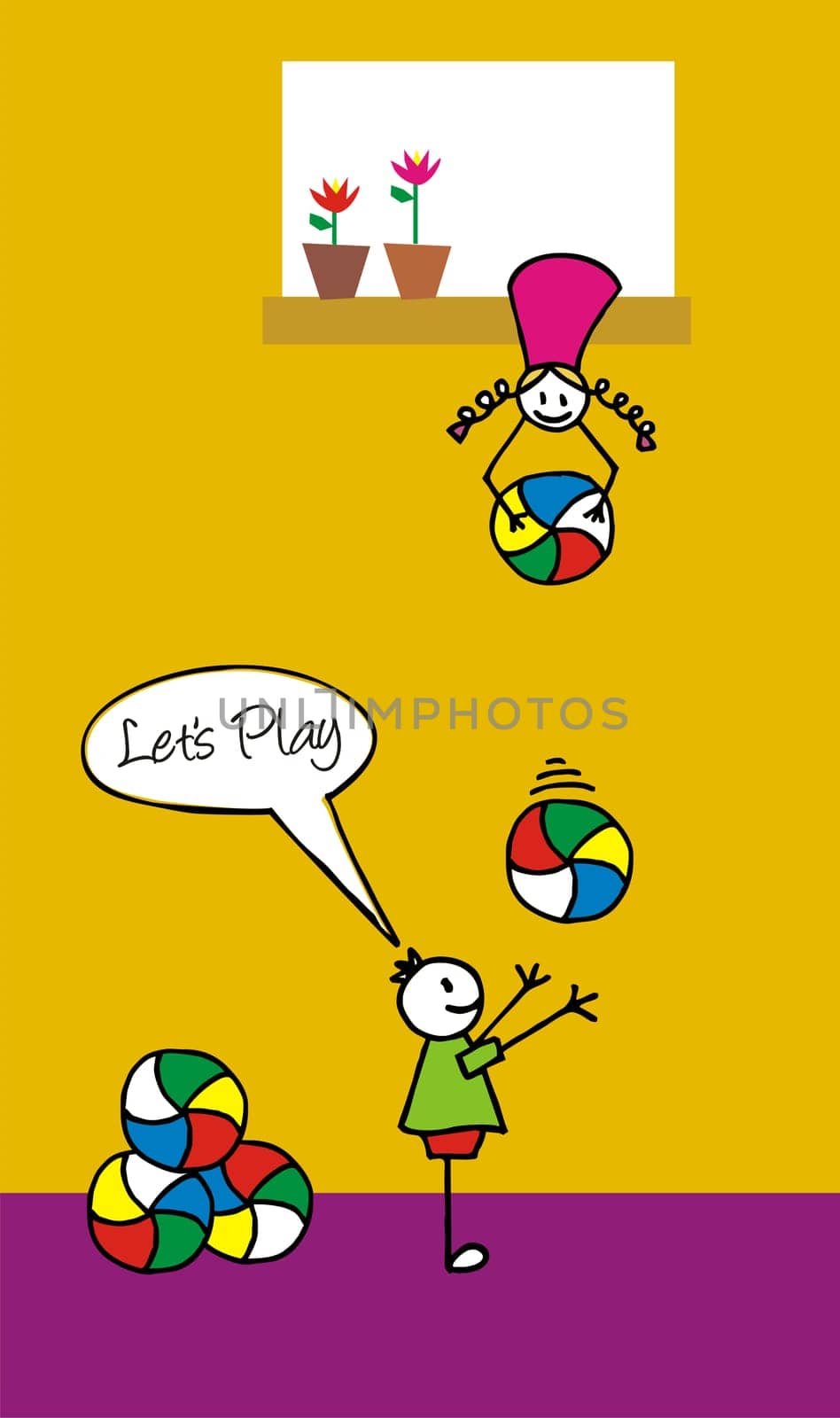 Two children playing with colorfull balls in the backyard. The girl is throwing a ball to the boy from an upper window.