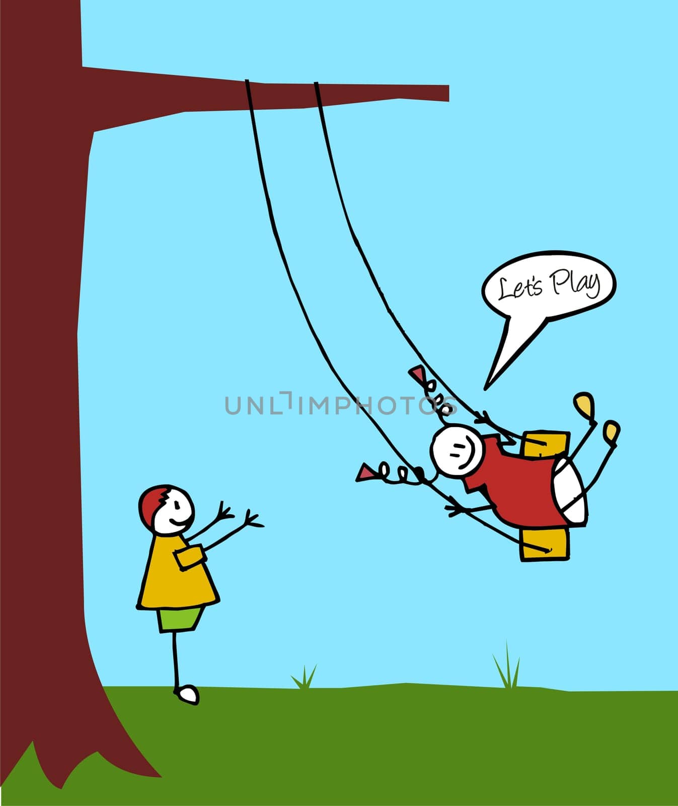 Two children playing in the garden. The boy is pushing the girl in the swing.