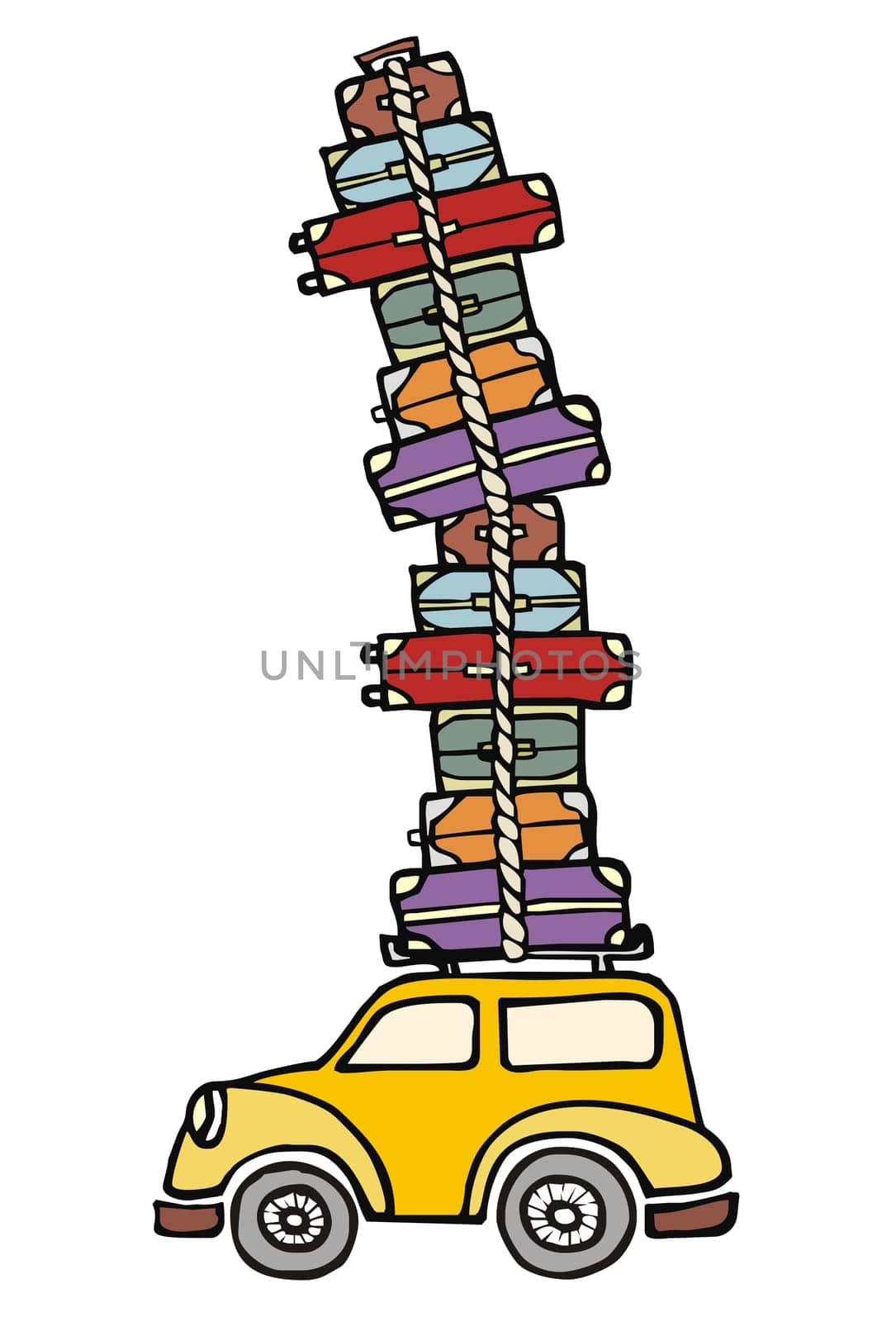 Illustration of a funny car with a lot of luggage on the roof. Vector file available.