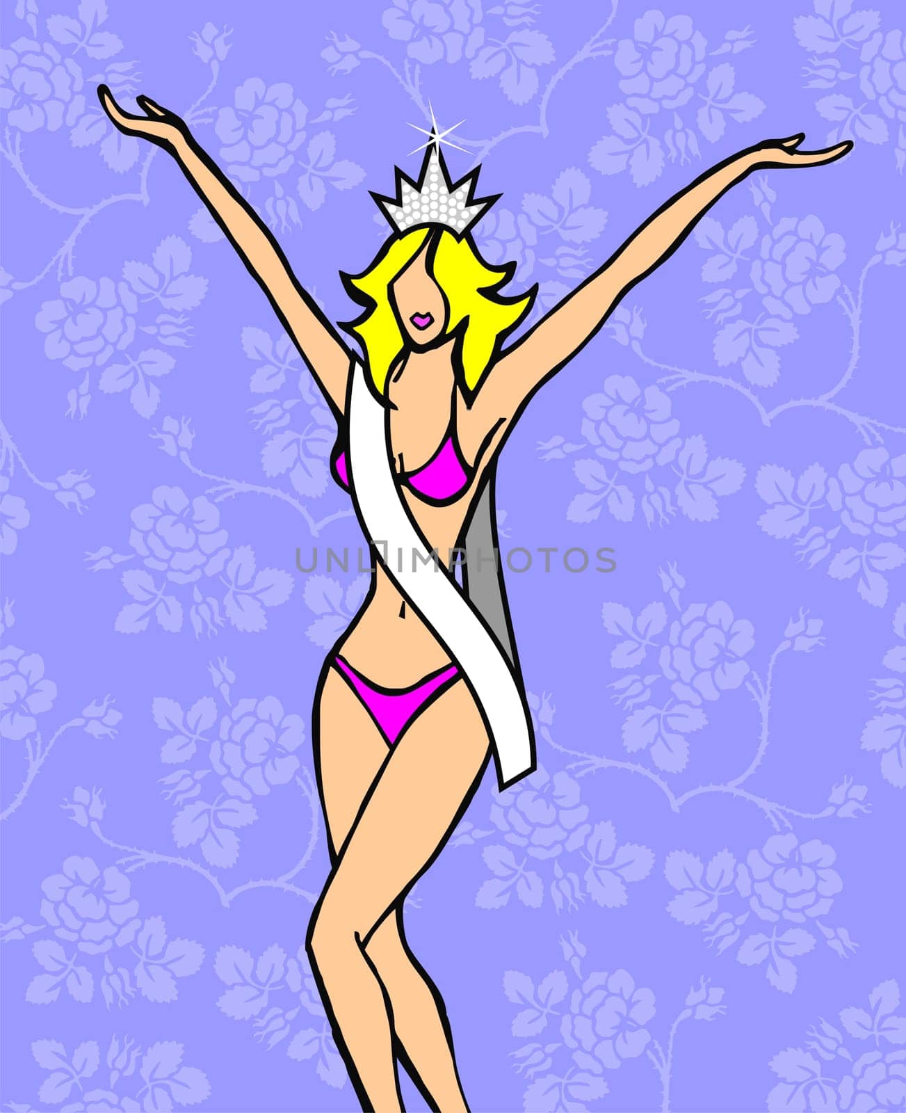 Blonde girl crowned beauty queen raises her arms victoriously
