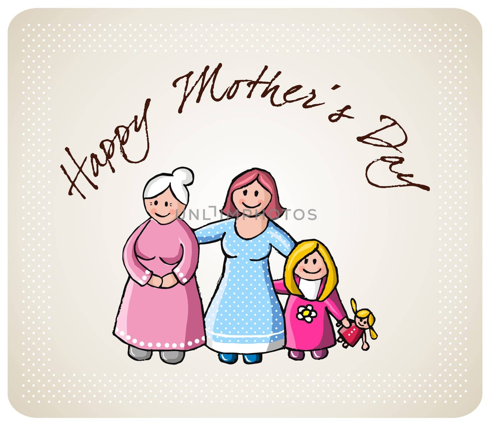 Mothers day greeting card illustration, grandmother with mom and daughter and happy typography quote. EPS10 vector.