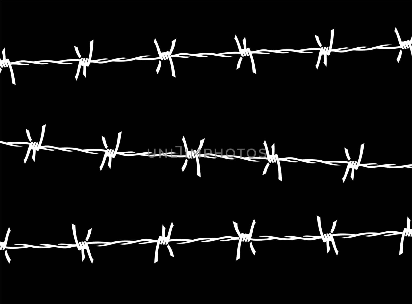 Three white lines of  barbed wire over a black background. Vector available.