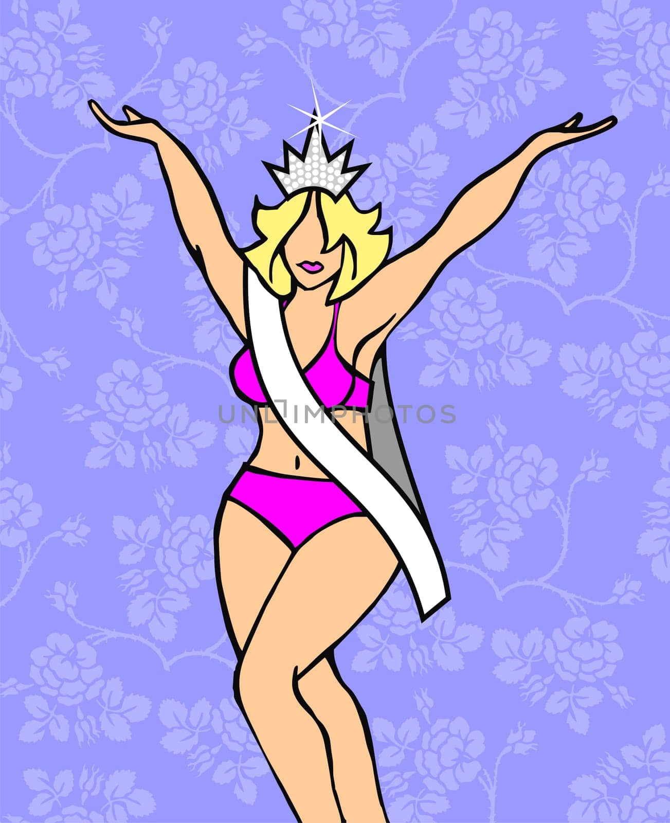 Blonde voluptuous girl crowned beauty queen raises her arms victoriously