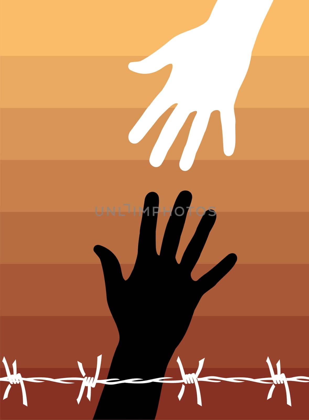 Helping hand to another behind a barbed wire. Vector available.