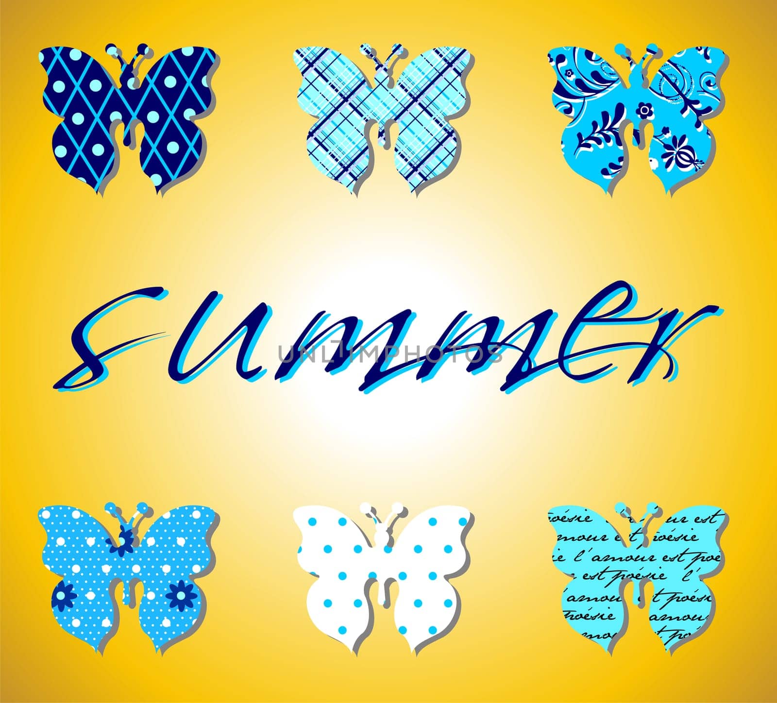 Pattern illustration of butterflies in light blue and yellow tones. Vector file available.
