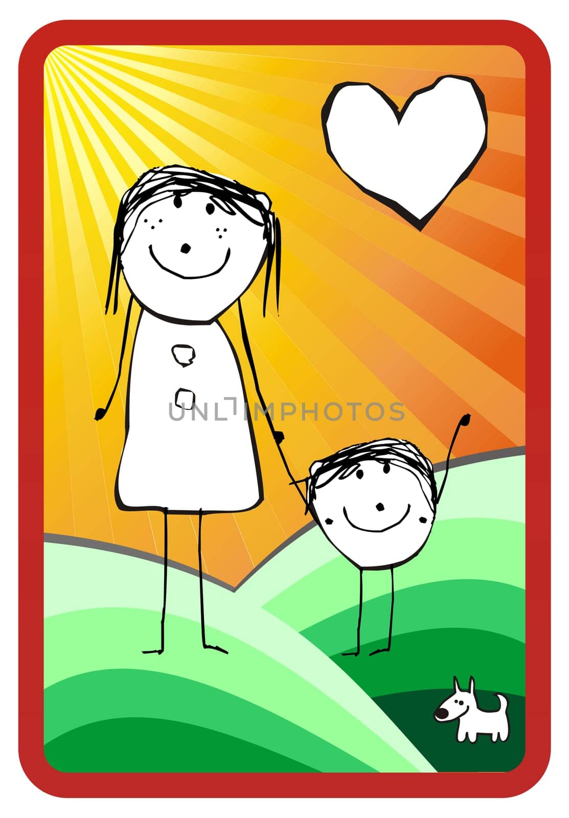 Illustration of happy mom and her child. Background with green fields. Vector available
