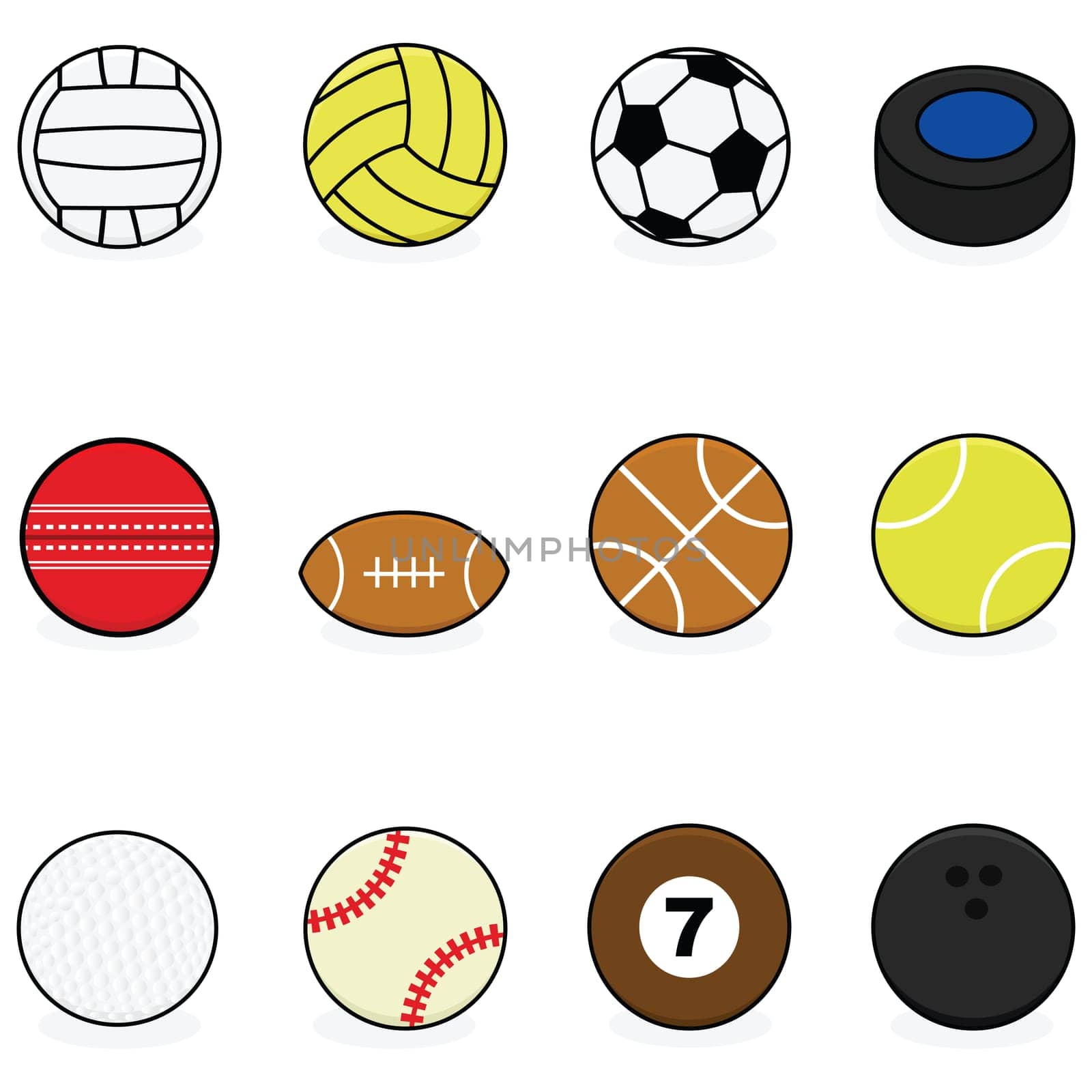 Set with cartoon balls for different sports: volleyball, water polo, soccer, hockey, cricket, football, basketball, tennis, golf, baseball, billiards and bowling