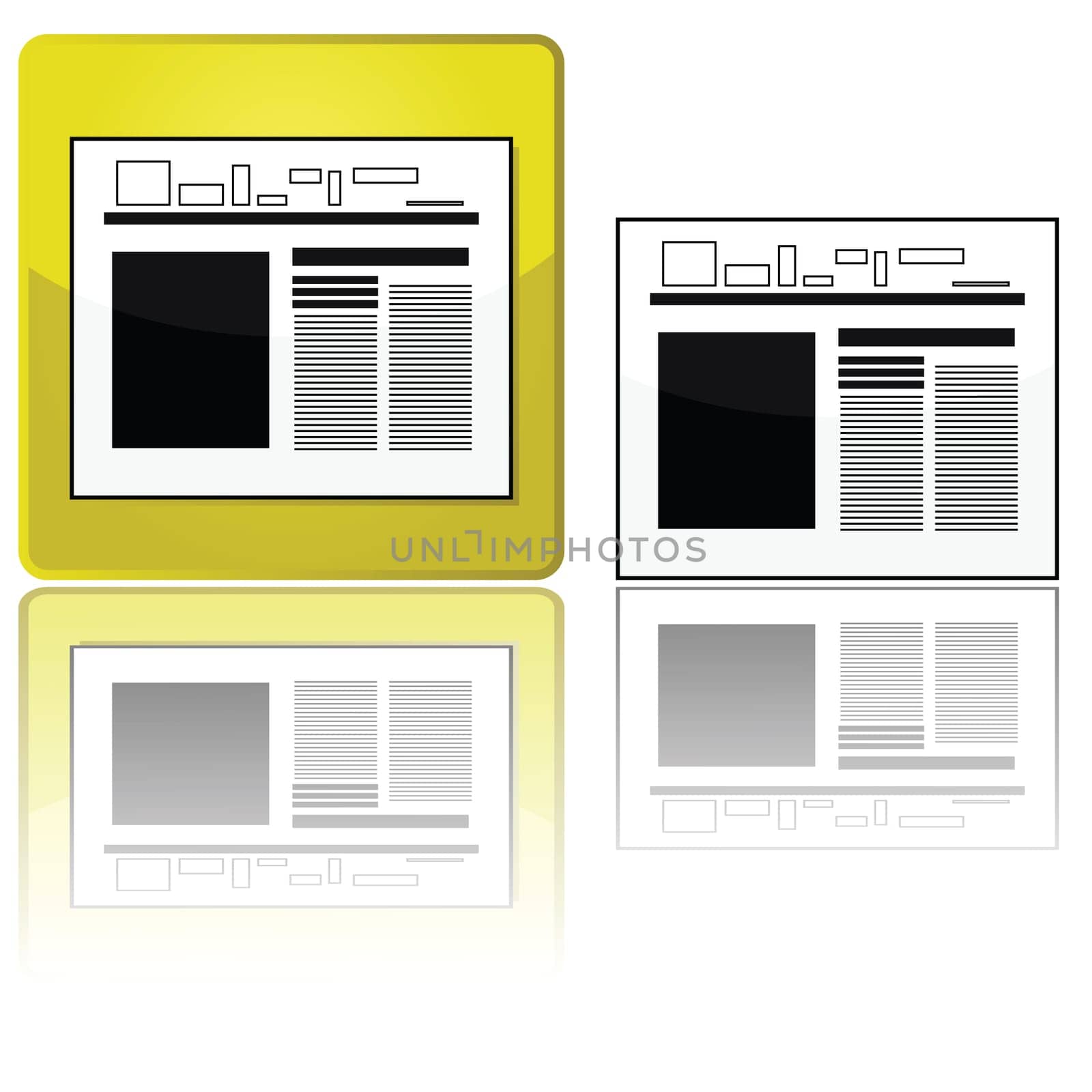 Glossy illustration showing a newspaper icon, with and without a golden button, reflected on a white surface