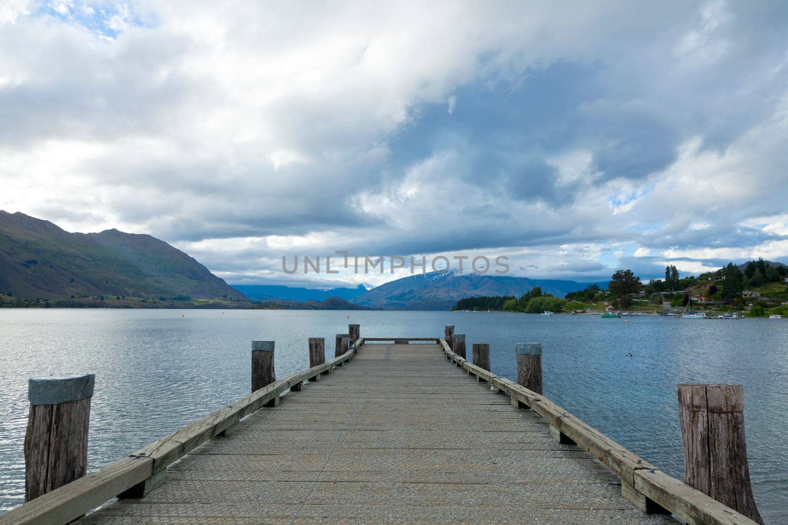 View from the dock looking out over lake Wanaka, New Zealand.