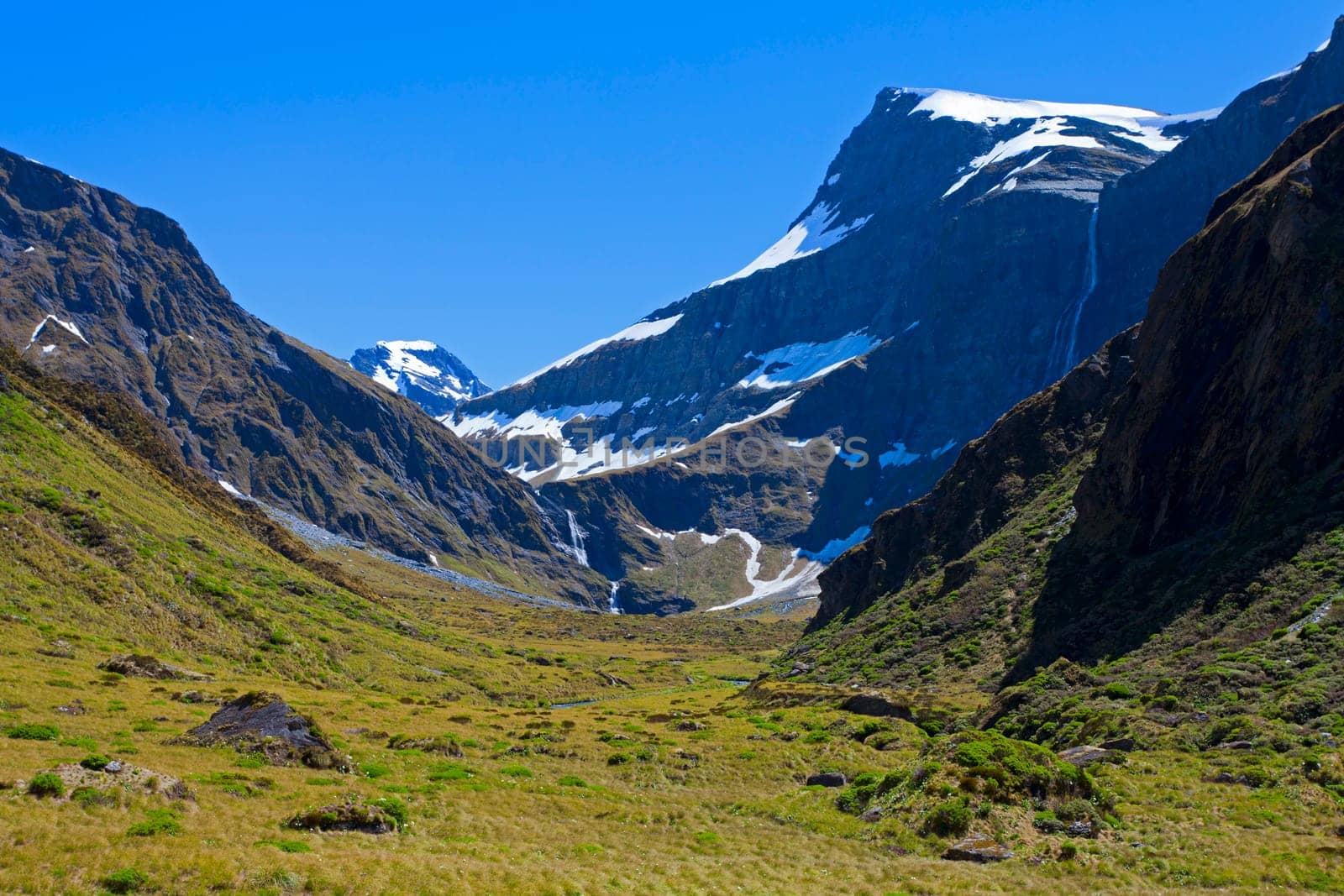 View of waterfalls and snow melt rushing down the mountains