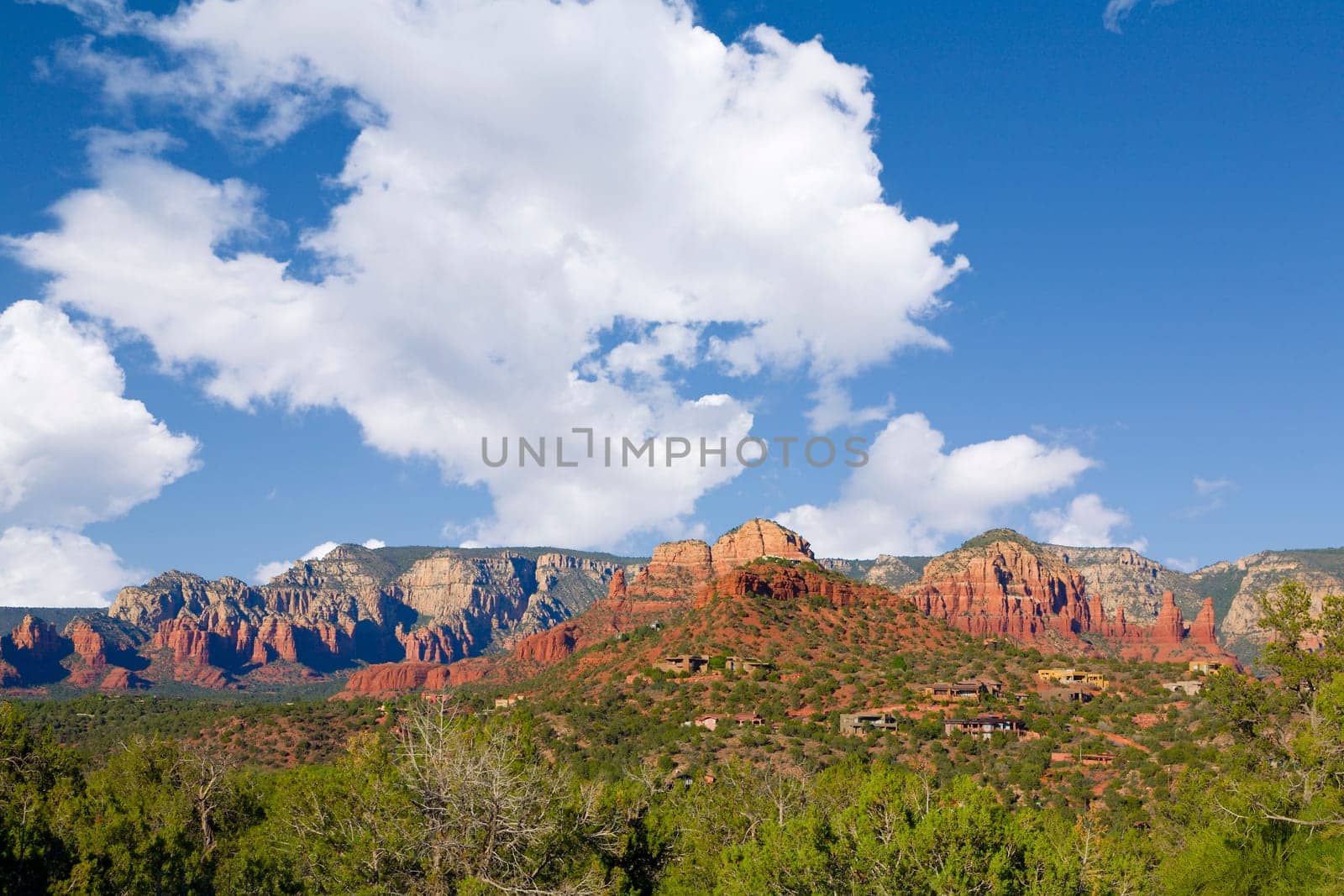 View of red rocks and homes in Sedona, Arizona