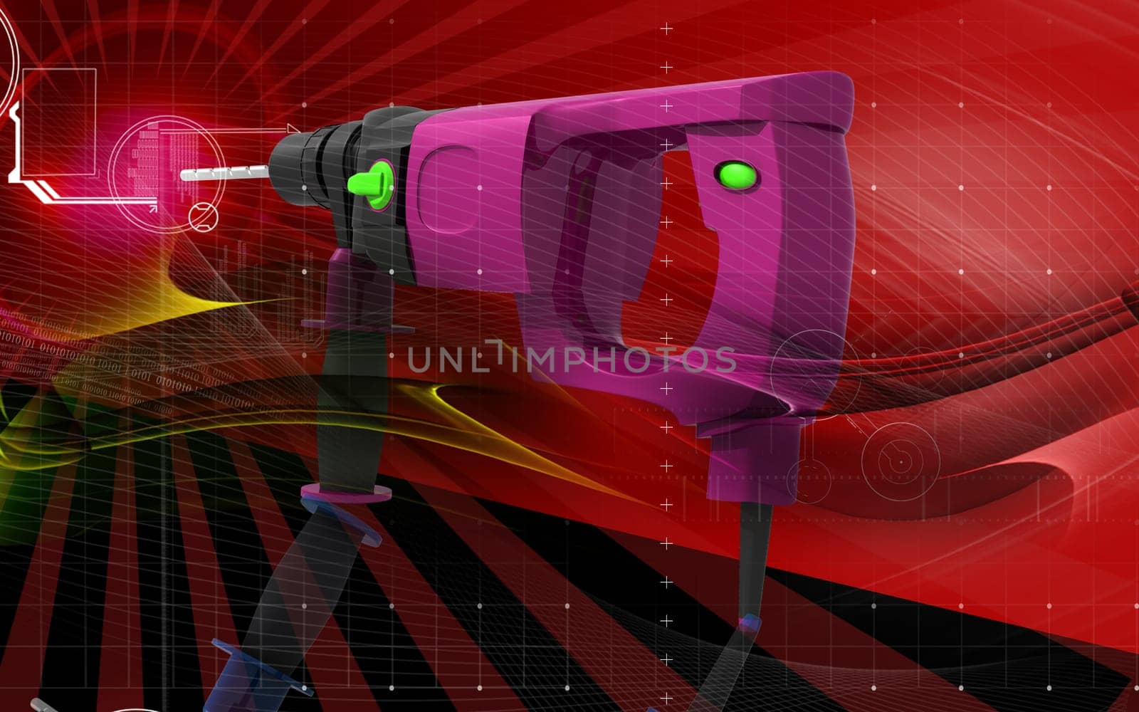 Digital illustration of hammer drill in colour background