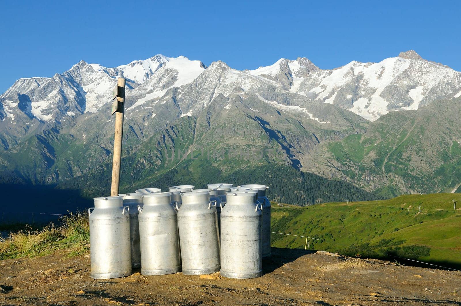 Milk cans ready for collection the evening, facing Mont Blanc, Savoie